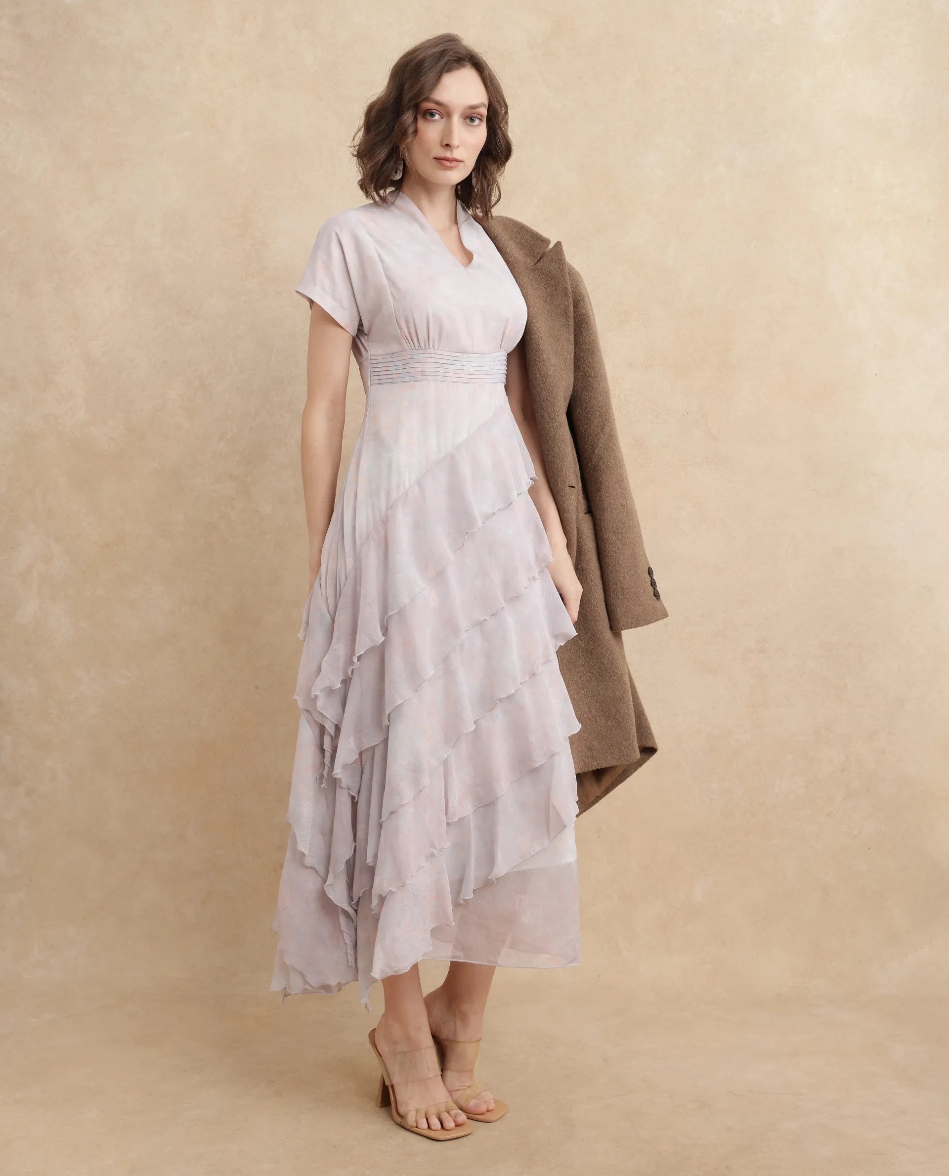 Rareism Women Bunf Beige Sleeveless Built Up Neck Flared Midi Abstract Print Dress