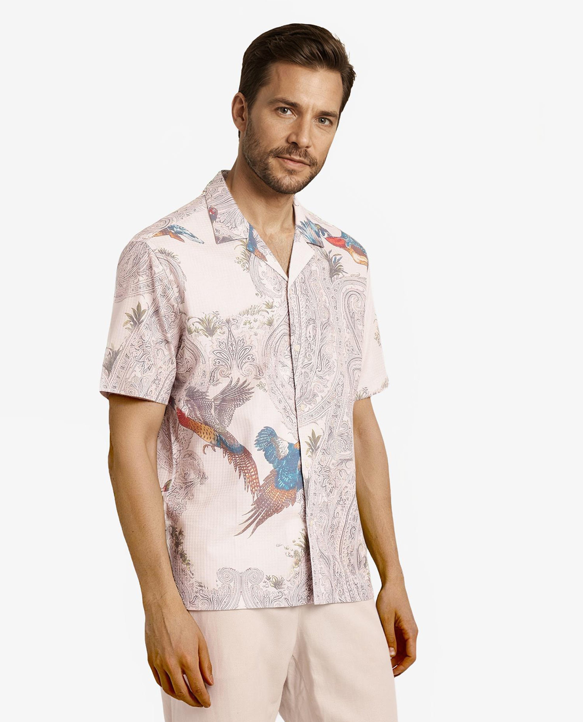 Rare Rabbit Men Bungeo Light Beige Cotton Viscose Short Sleeves Cuban Collar Boxy Fit Paisley Print Shirt