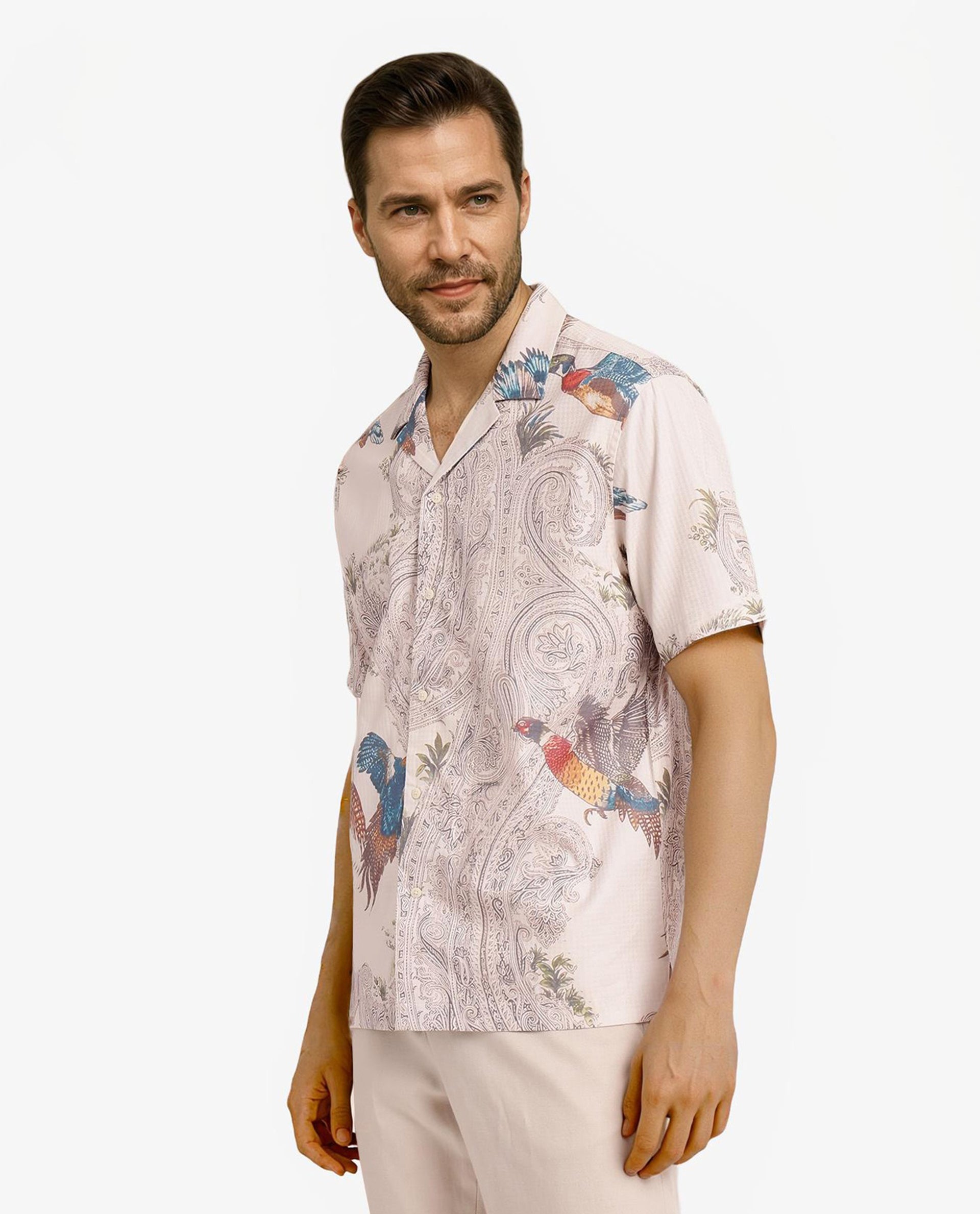 Rare Rabbit Men Bungeo Light Beige Cotton Viscose Short Sleeves Cuban Collar Boxy Fit Paisley Print Shirt