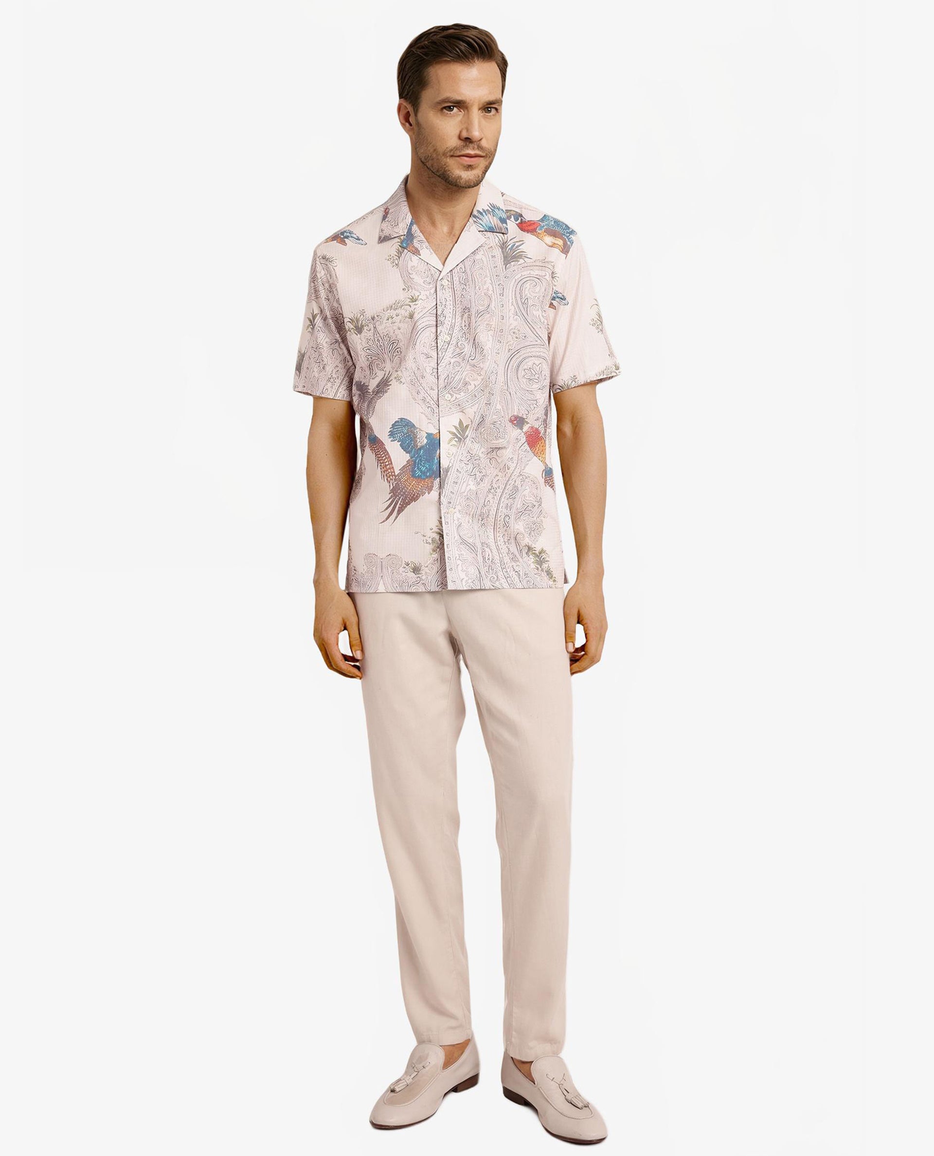 Rare Rabbit Men Bungeo Light Beige Cotton Viscose Short Sleeves Cuban Collar Boxy Fit Paisley Print Shirt