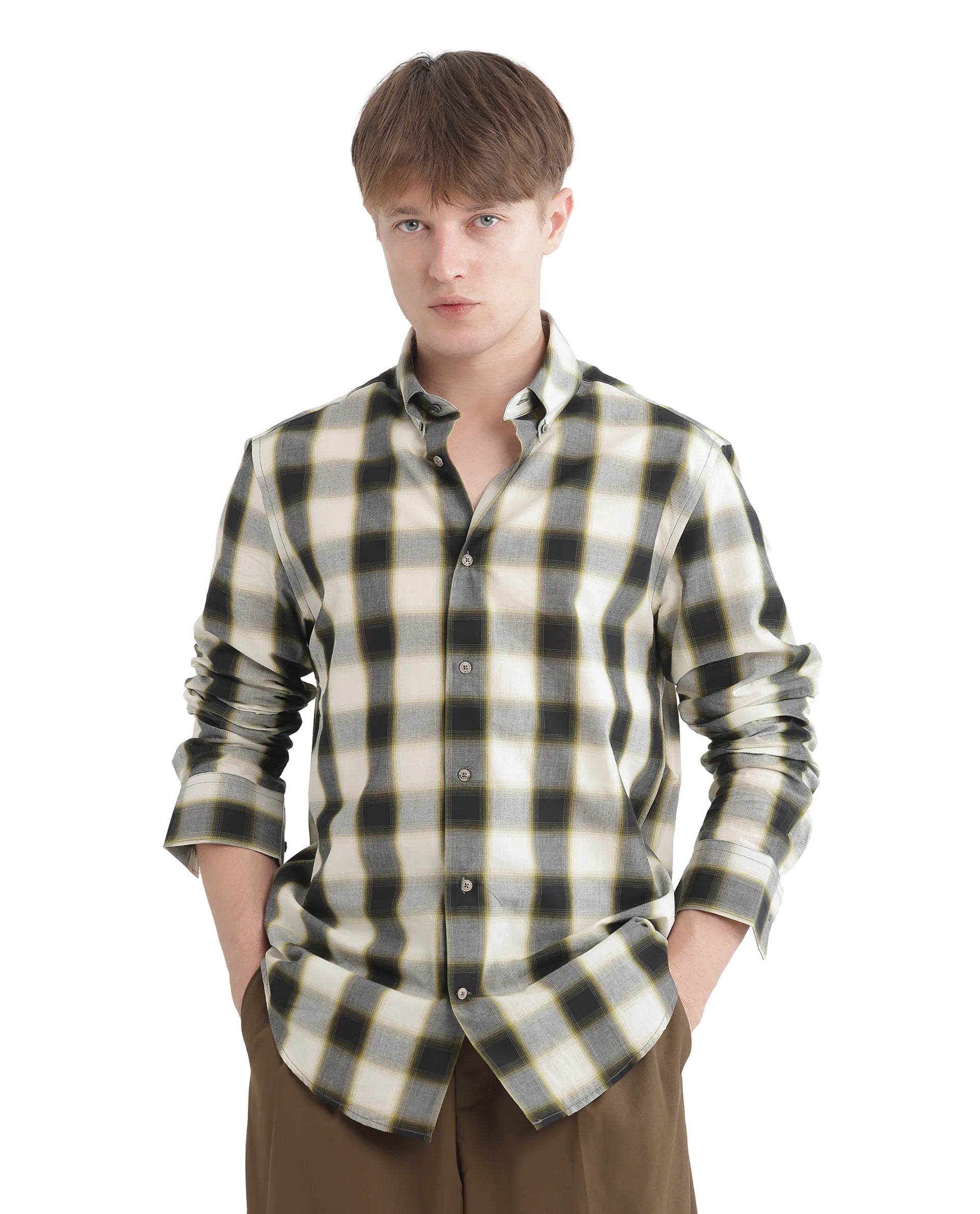 Rare Rabbit Men's Bung Green Cotton Fabric Regular Fit Graphic Backprint Regular Collar Checks Shirt