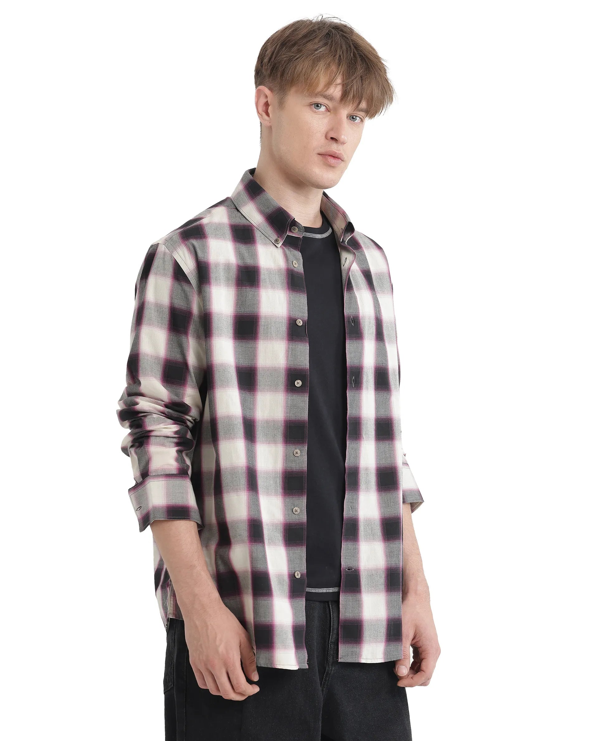 Rare Rabbit Men's Bung Pink Cotton Fabric Regular Fit Graphic Backprint Regular Collar Checks Shirt