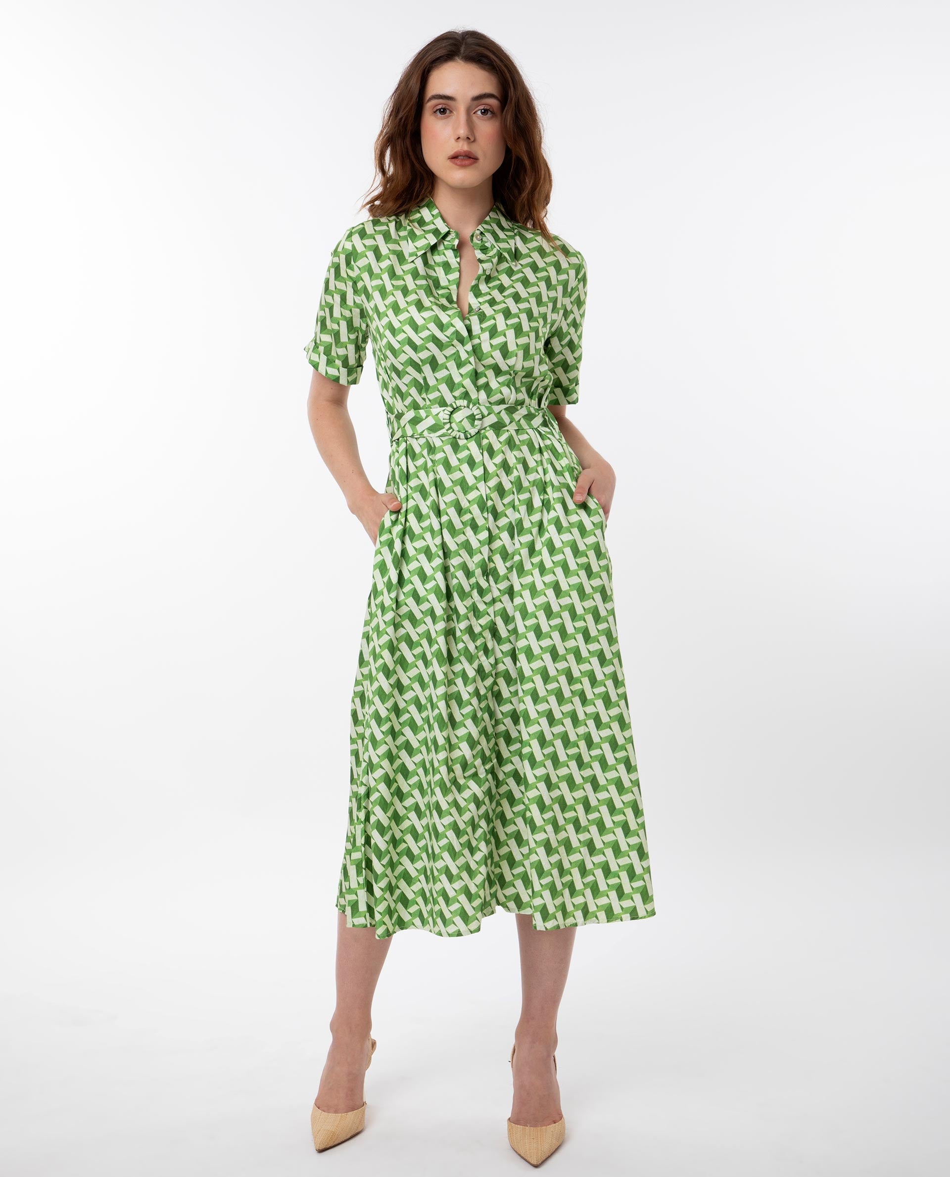 Rareism Women Bunt Green Cotton Fabric Short Sleeves Button Closure Shirt Collar Regular Fit Geometric Print Knee Length Shirt Type Dress