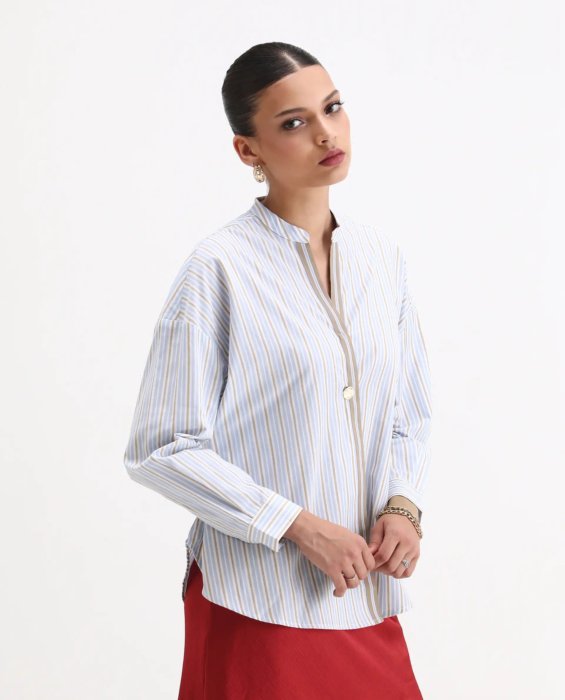 Rareism Women's Buqo Light Blue Cotton Cuffed Sleeve Mandarin Collar Regular Fit Shirt