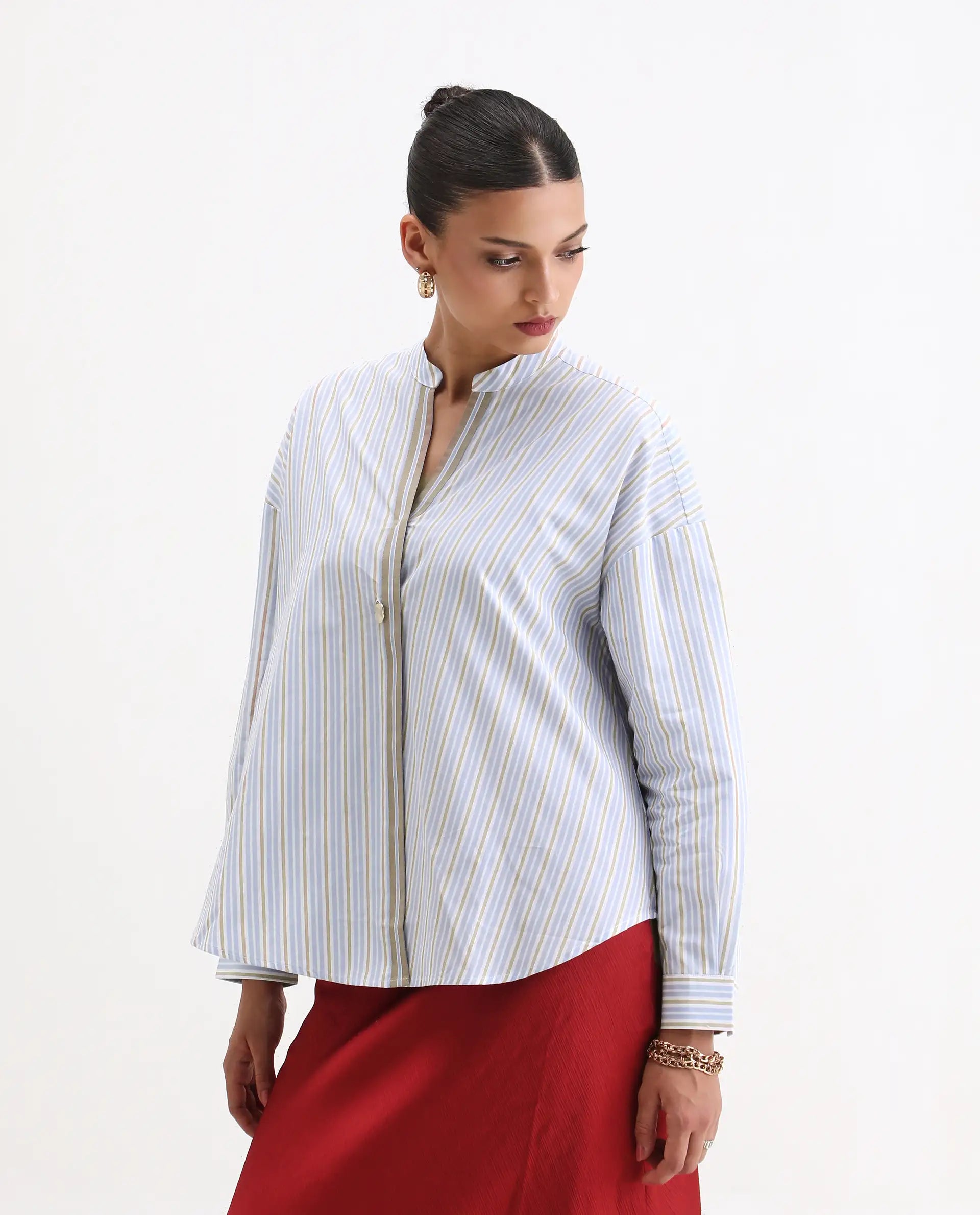 Rareism Women's Buqo Light Blue Cotton Cuffed Sleeve Mandarin Collar Regular Fit Shirt