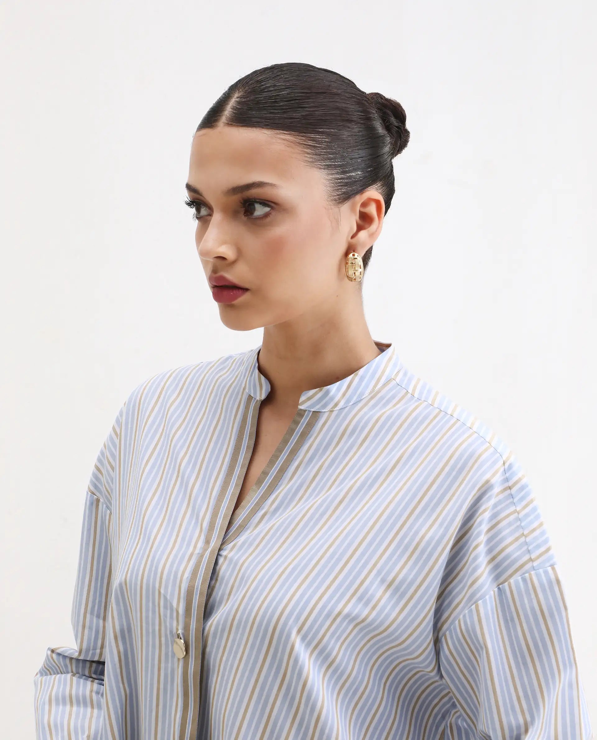 Rareism Women's Buqo Light Blue Cotton Cuffed Sleeve Mandarin Collar Regular Fit Shirt