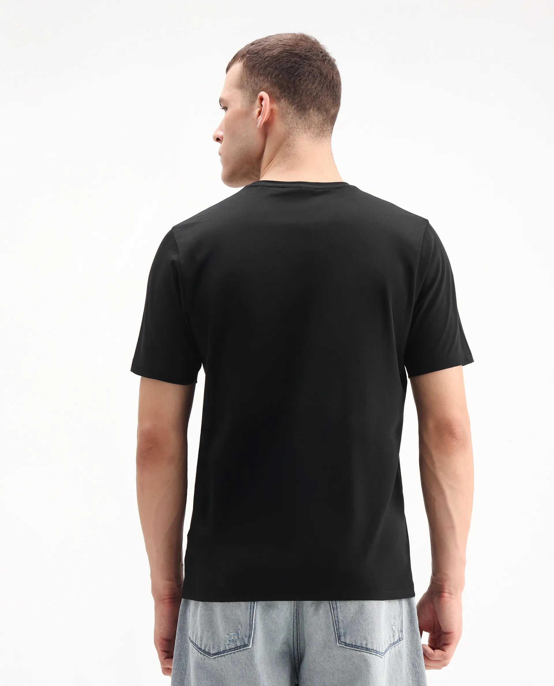 Rare Rabbit Men's Burc Black Cotton Blend Graphic Print Regular Fit Half Sleeve Crew Neck T-Shirt