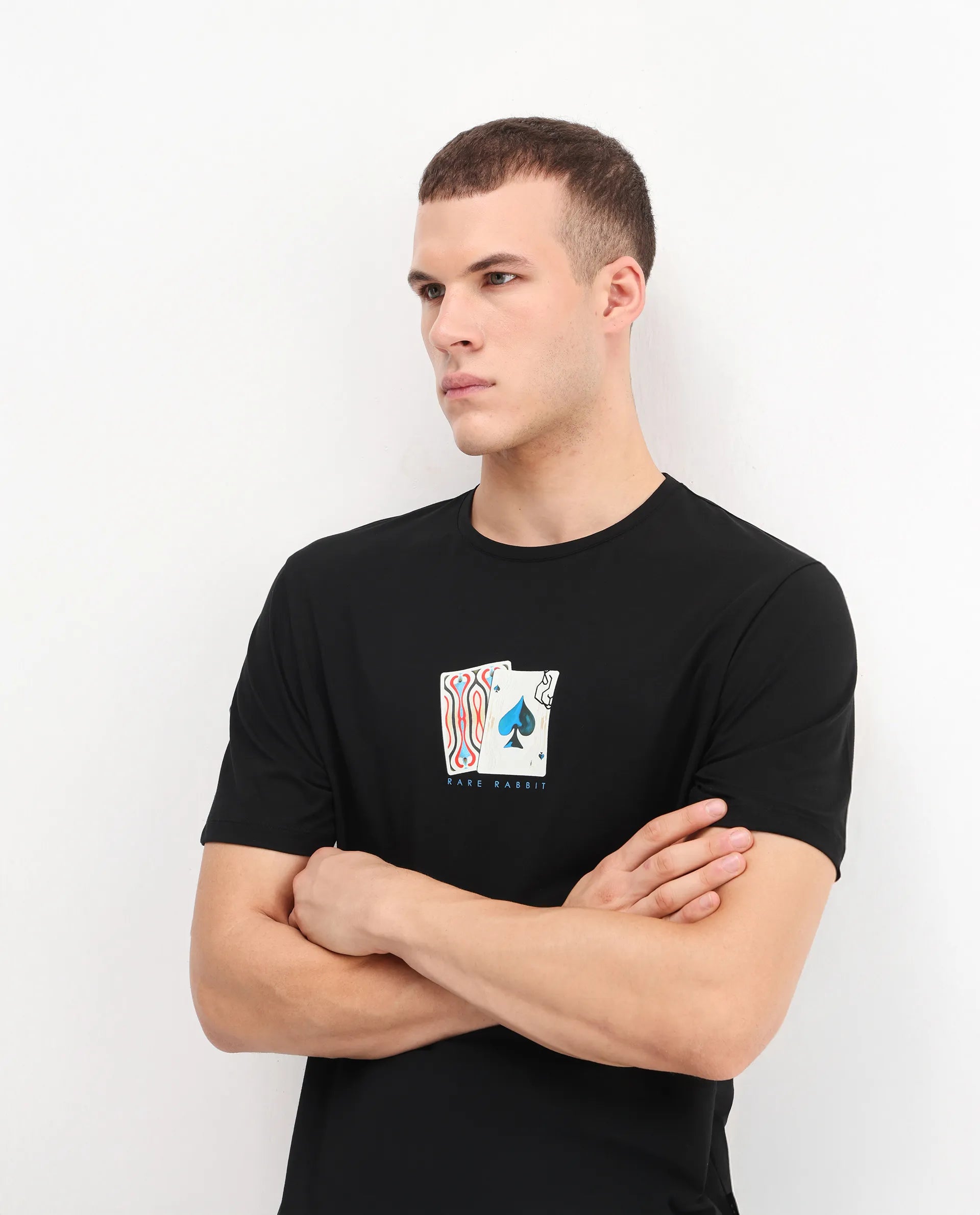Rare Rabbit Men's Burc Black Cotton Blend Graphic Print Regular Fit Half Sleeve Crew Neck T-Shirt