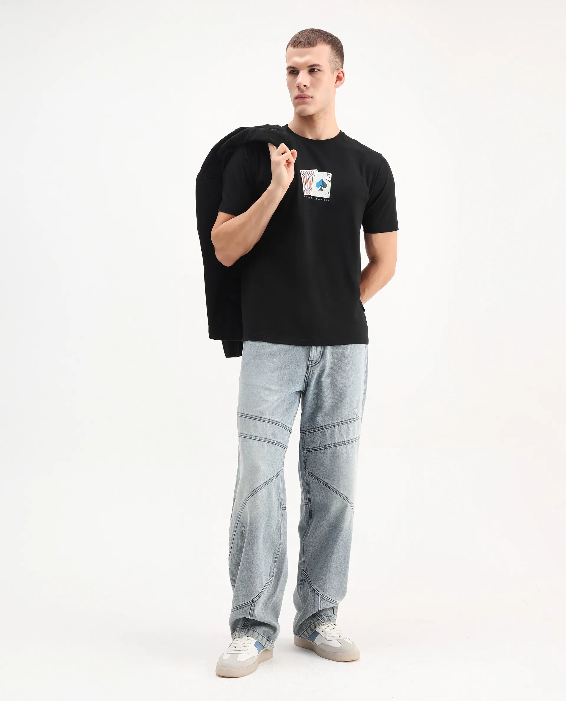 Rare Rabbit Men's Burc Black Cotton Blend Graphic Print Regular Fit Half Sleeve Crew Neck T-Shirt