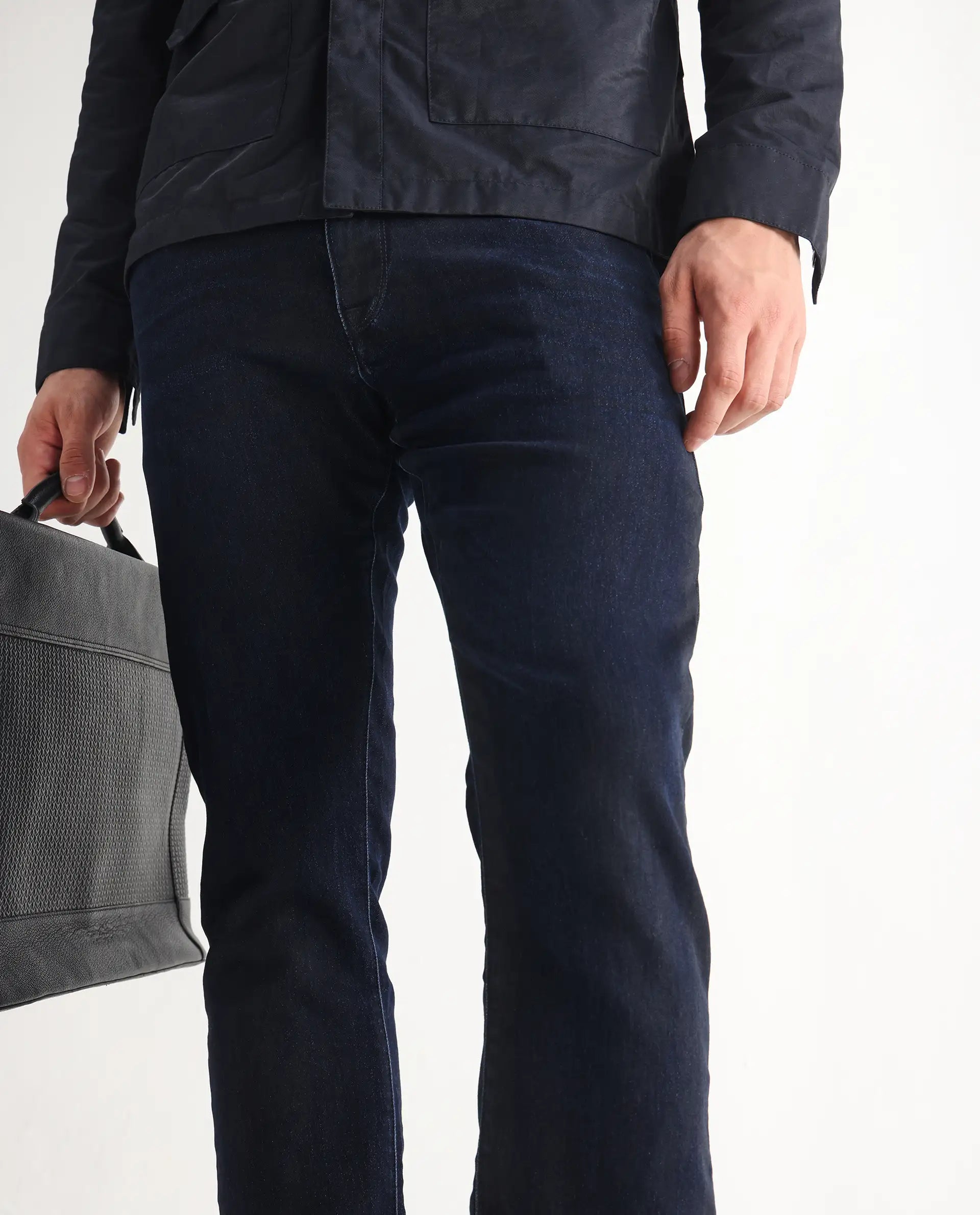 Rare Rabbit Men's Burd Blue Cotton Plain Hawk Slim Fit Jeans