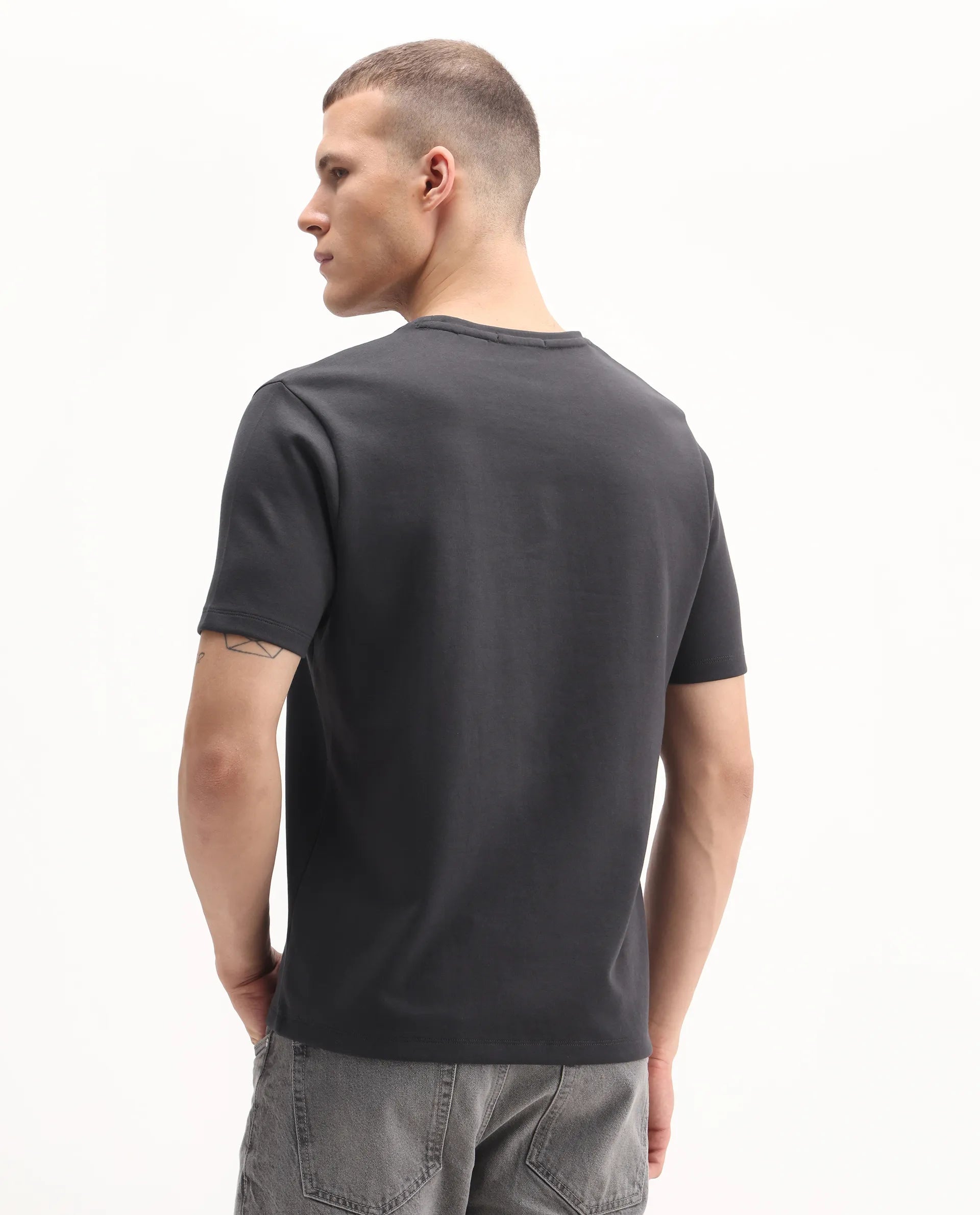 Rare Rabbit Men's Burg Dark Grey Cotton Blend Graphic Print Regular Fit Half Sleeve Crew Neck T-Shirt