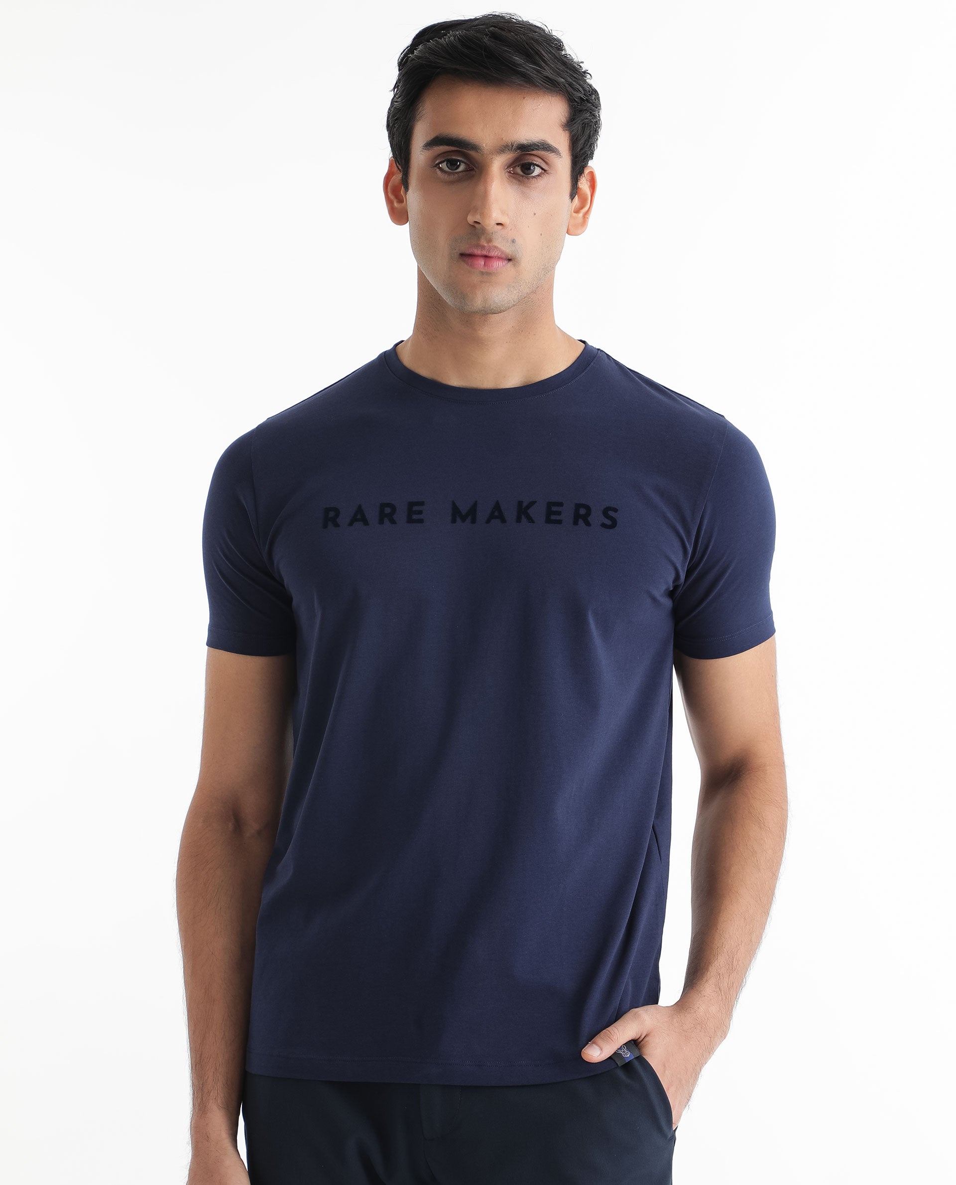 Rare Rabbit Men's Burke Dark Blue Crew Neck Half Sleeves Velvet Branding Regular Fit T-Shirt