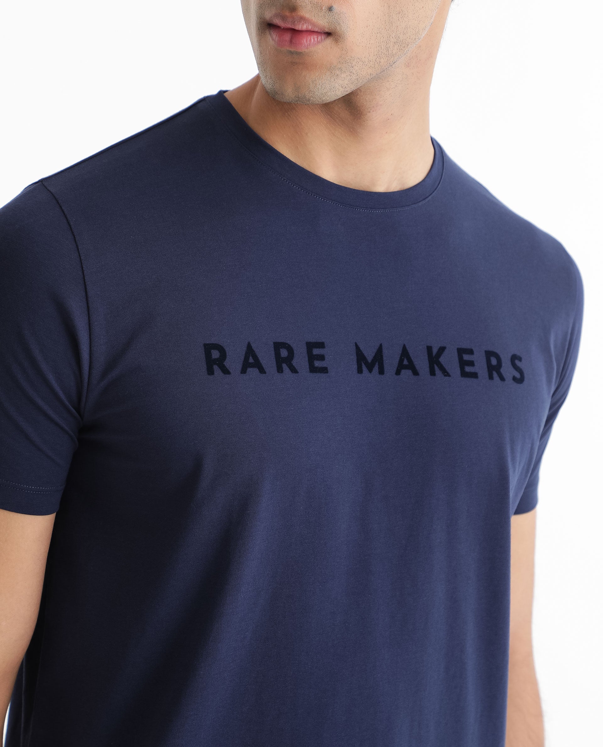 Rare Rabbit Men's Burke Dark Blue Crew Neck Half Sleeves Velvet Branding Regular Fit T-Shirt
