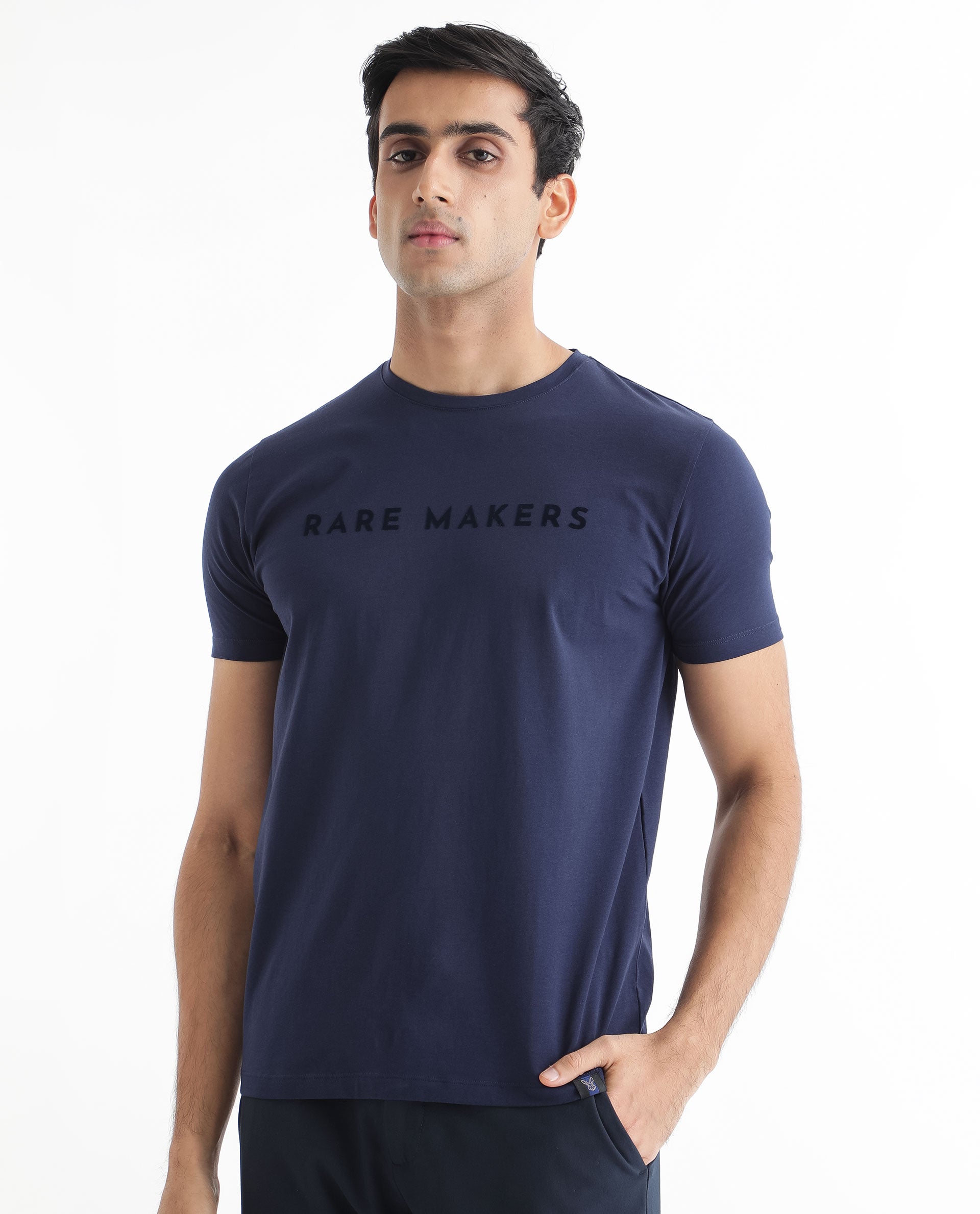 Rare Rabbit Men's Burke Dark Blue Crew Neck Half Sleeves Velvet Branding Regular Fit T-Shirt
