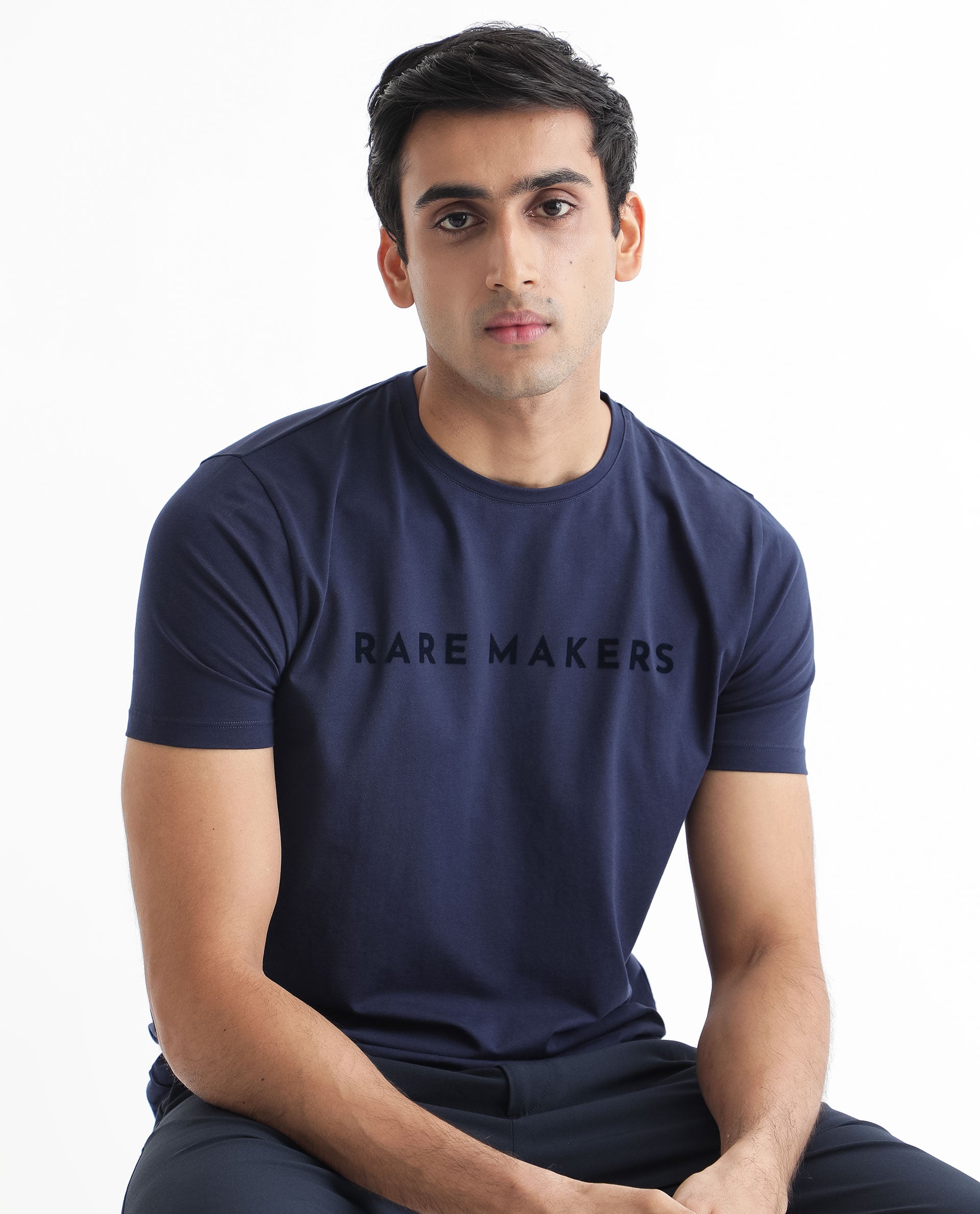 Rare Rabbit Men's Burke Dark Blue Crew Neck Half Sleeves Velvet Branding Regular Fit T-Shirt