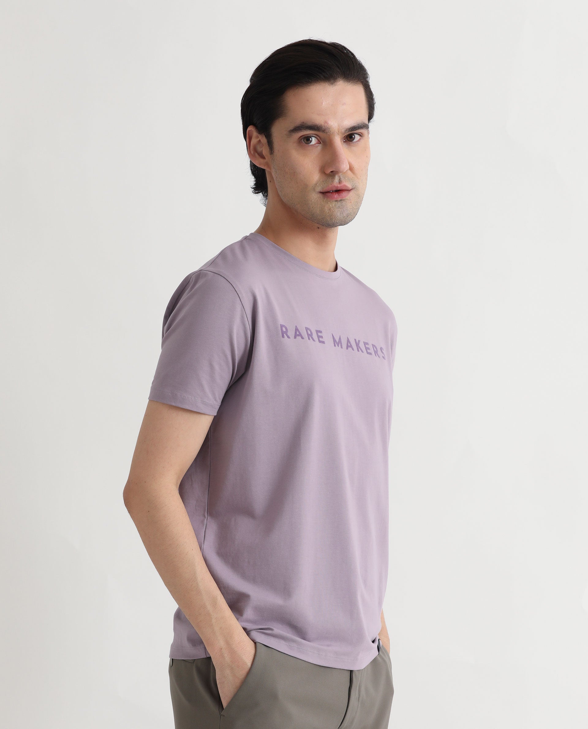 Rare Rabbit Men's Burke Pastel Purple Crew Neck Half Sleeves Velvet Branding Regular Fit T-Shirt