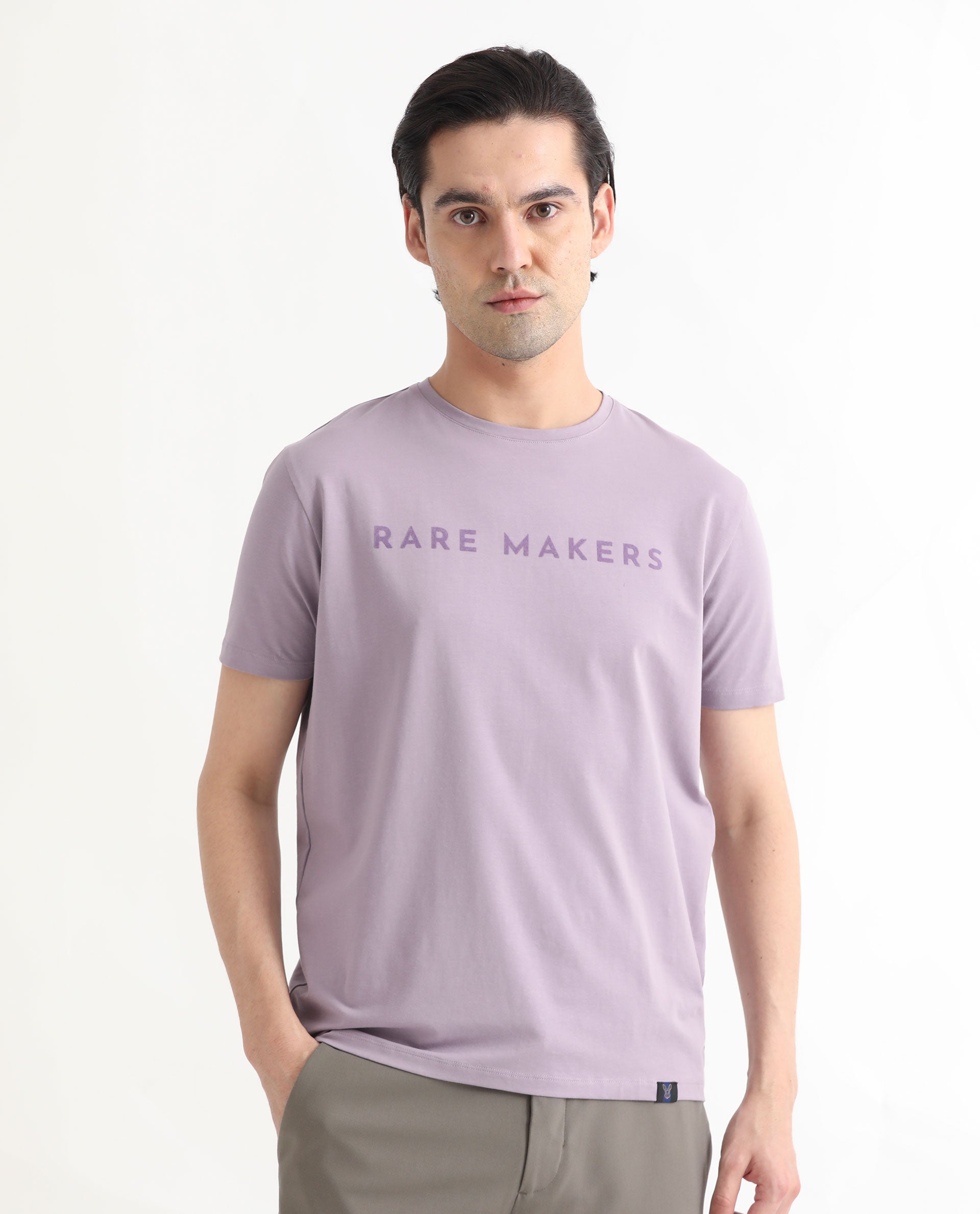 Rare Rabbit Men's Burke Pastel Purple Crew Neck Half Sleeves Velvet Branding Regular Fit T-Shirt