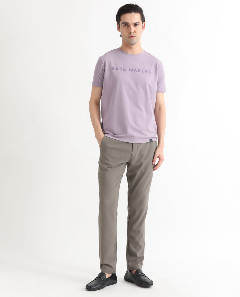 Rare Rabbit Men's Burke Pastel Purple Crew Neck Half Sleeves Velvet Branding Regular Fit T-Shirt