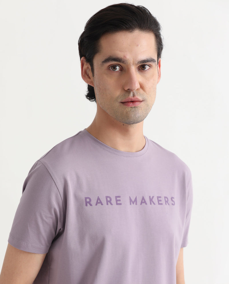 Rare Rabbit Men's Burke Pastel Purple Crew Neck Half Sleeves Velvet Branding Regular Fit T-Shirt