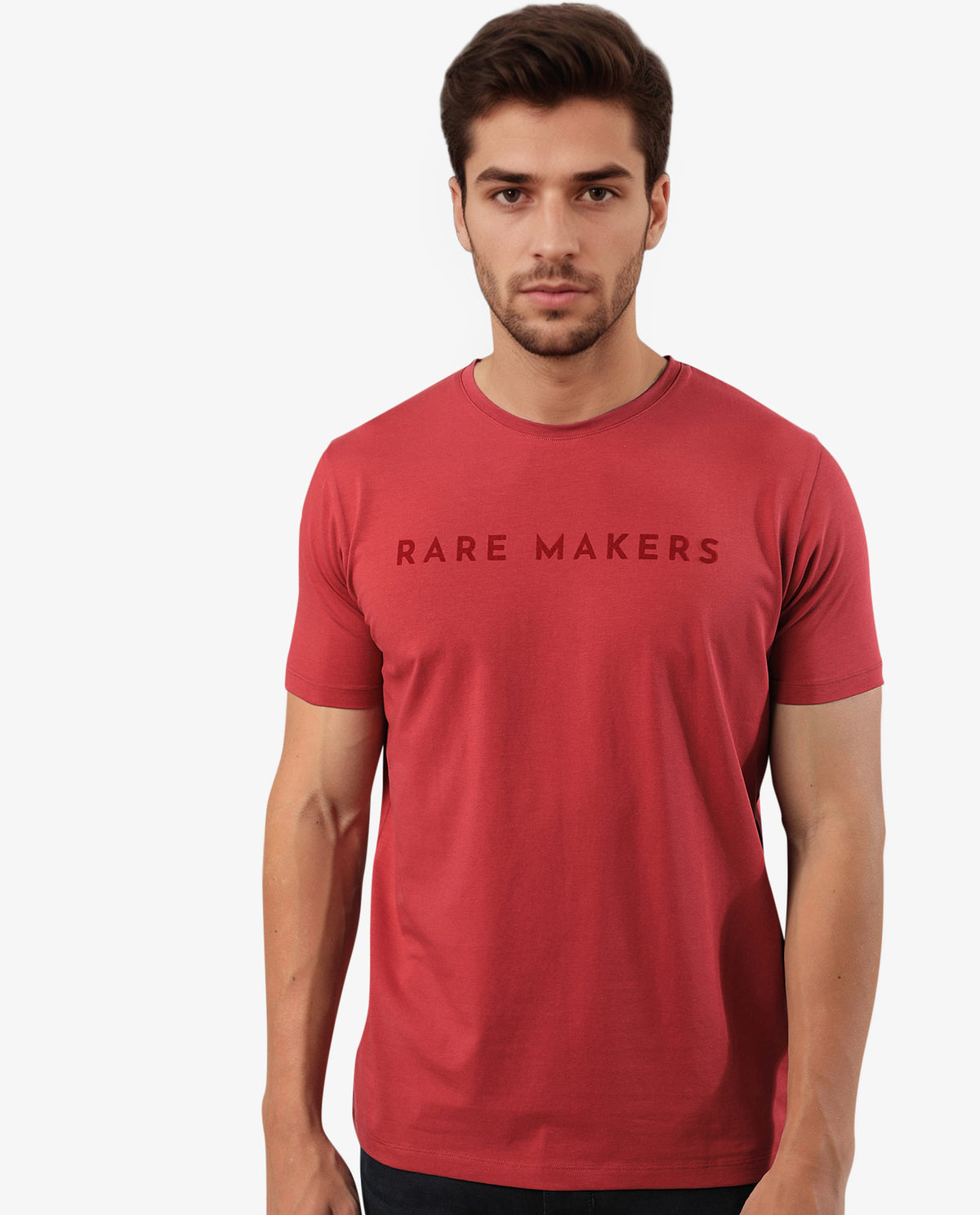 Rare Rabbit Men's Burke Dark Red Crew Neck Half Sleeves Velvet Branding Regular Fit T-Shirt