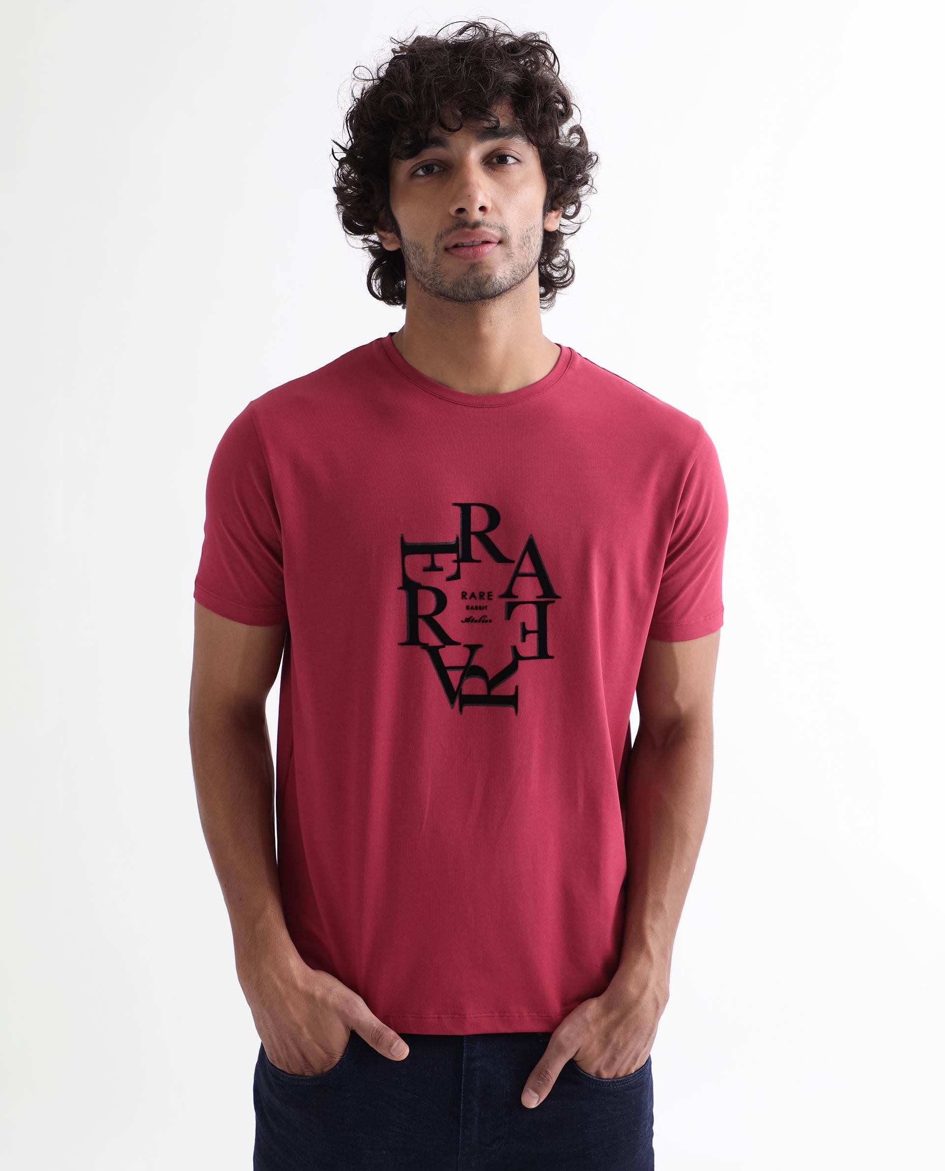 Rare Rabbit Men's Burma Red Cotton Graphic Print Regular Fit Half Sleeve Crew Neck T-Shirt