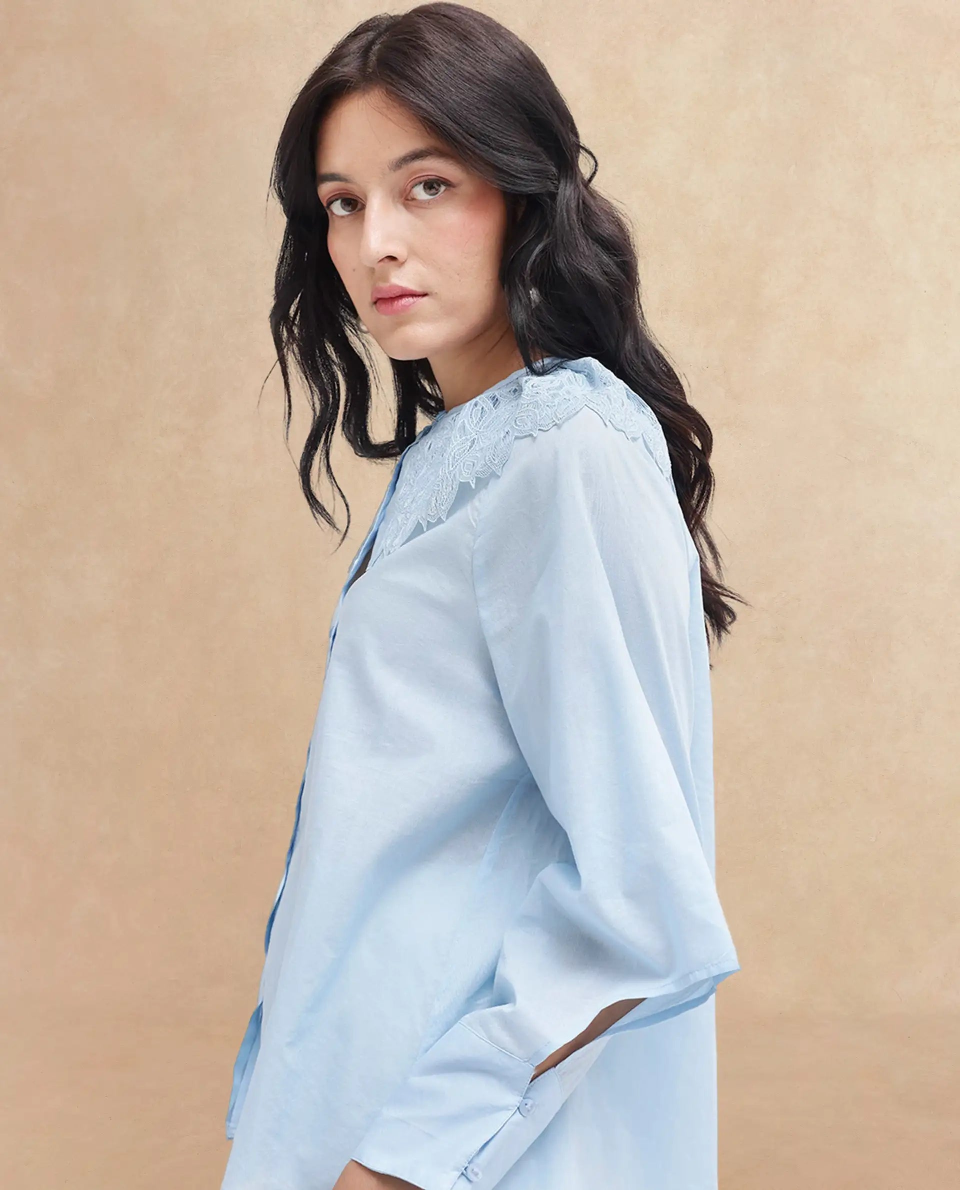 Rareism Women Burrido-SC Light Blue Cotton Fabric Collared Neck Solid Regular Fit Shirt