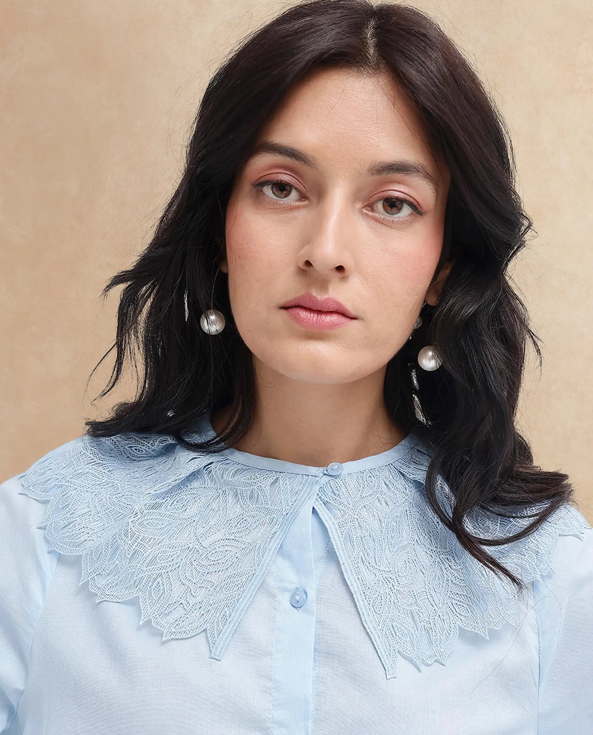 Rareism Women Burrido-SC Light Blue Cotton Fabric Collared Neck Solid Regular Fit Shirt