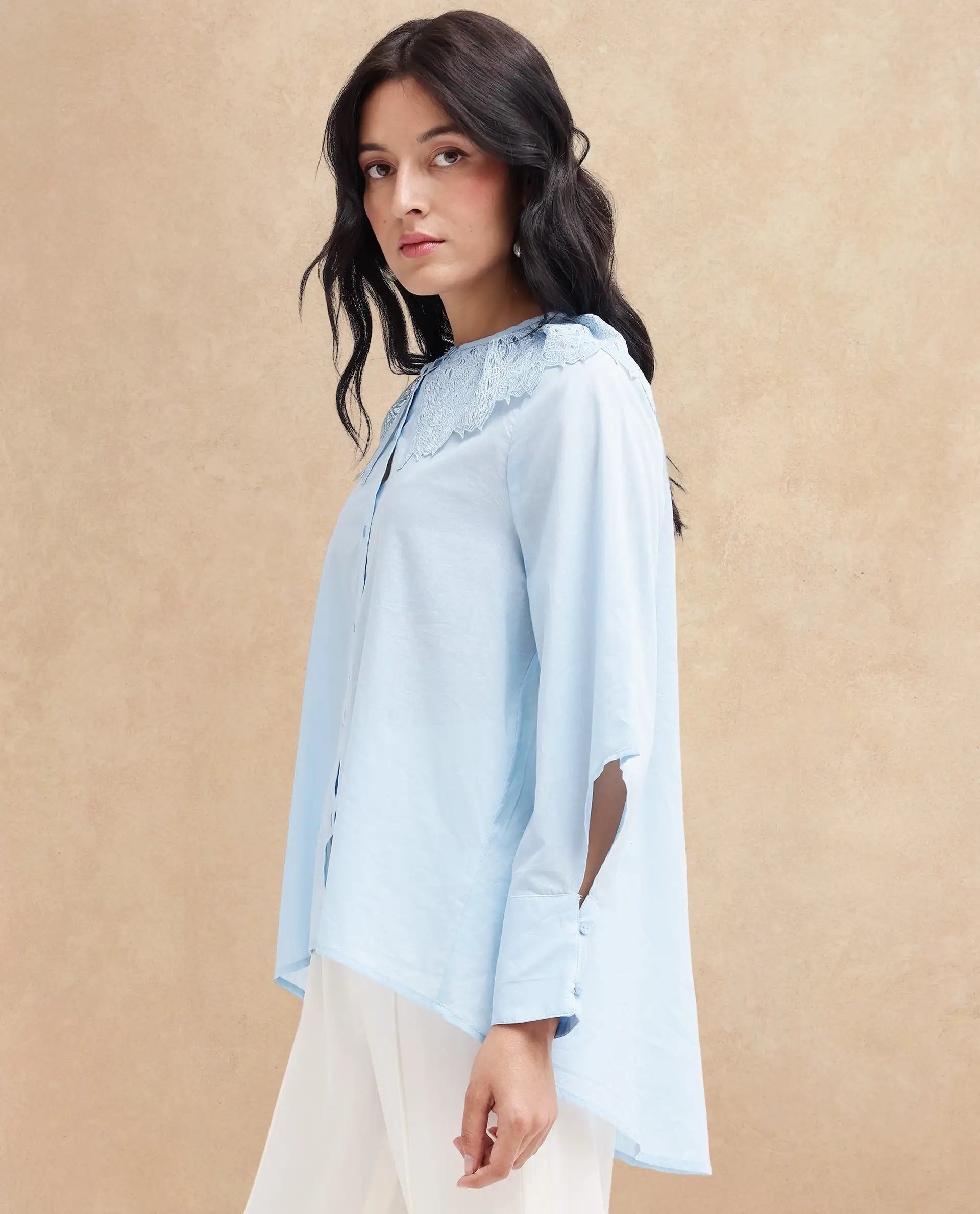 Rareism Women Burrido-SC Light Blue Cotton Fabric Collared Neck Solid Regular Fit Shirt