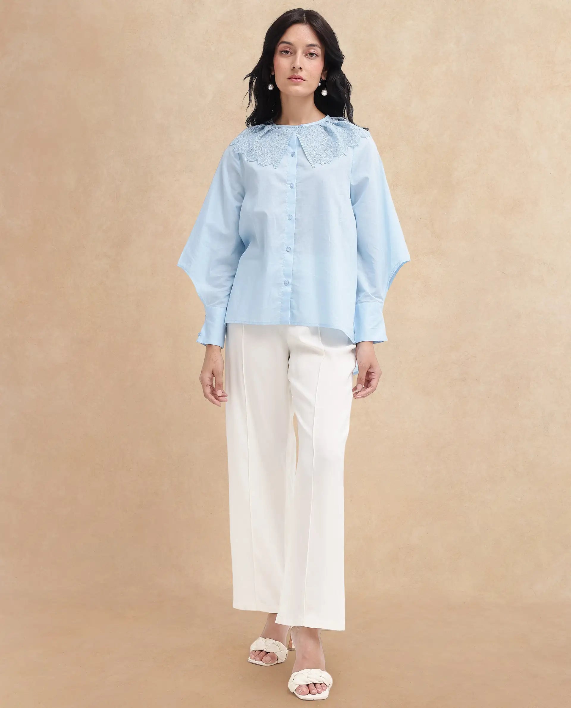 Rareism Women Burrido-SC Light Blue Cotton Fabric Collared Neck Solid Regular Fit Shirt