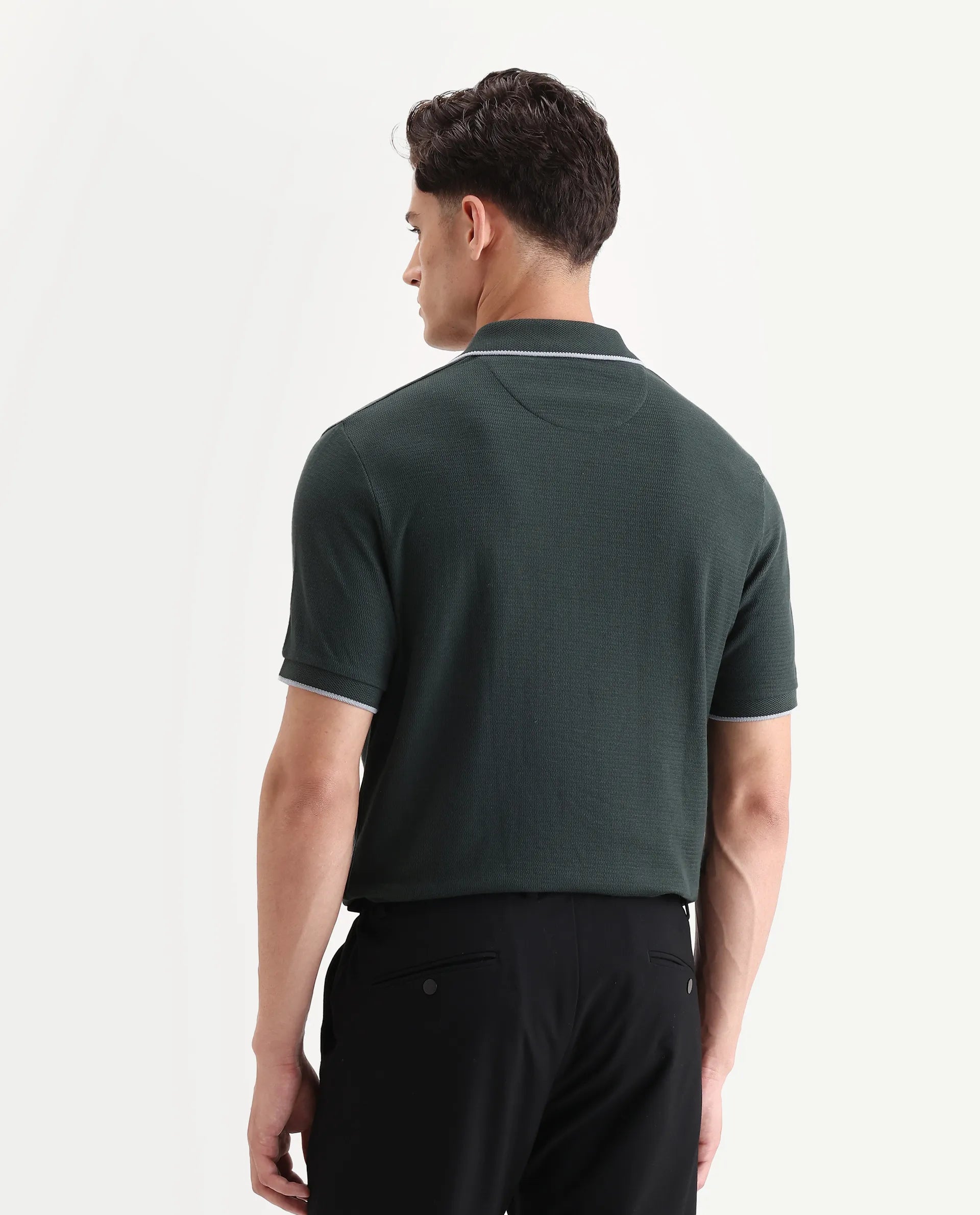 Rare Rabbit Men's Burrow Dark Green Cotton Plain Regular Fit Half Sleeve Polo