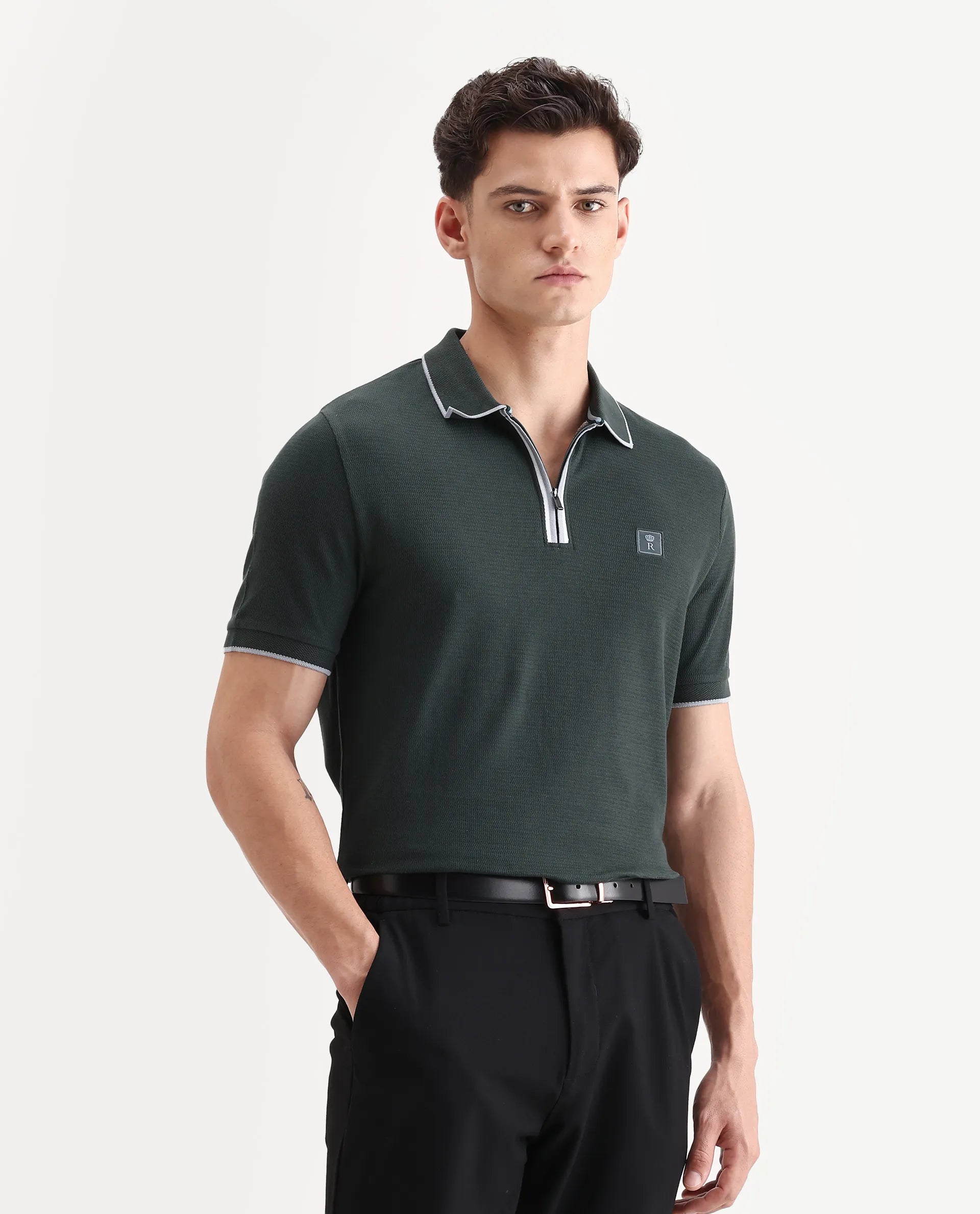 Rare Rabbit Men's Burrow Dark Green Cotton Plain Regular Fit Half Sleeve Polo