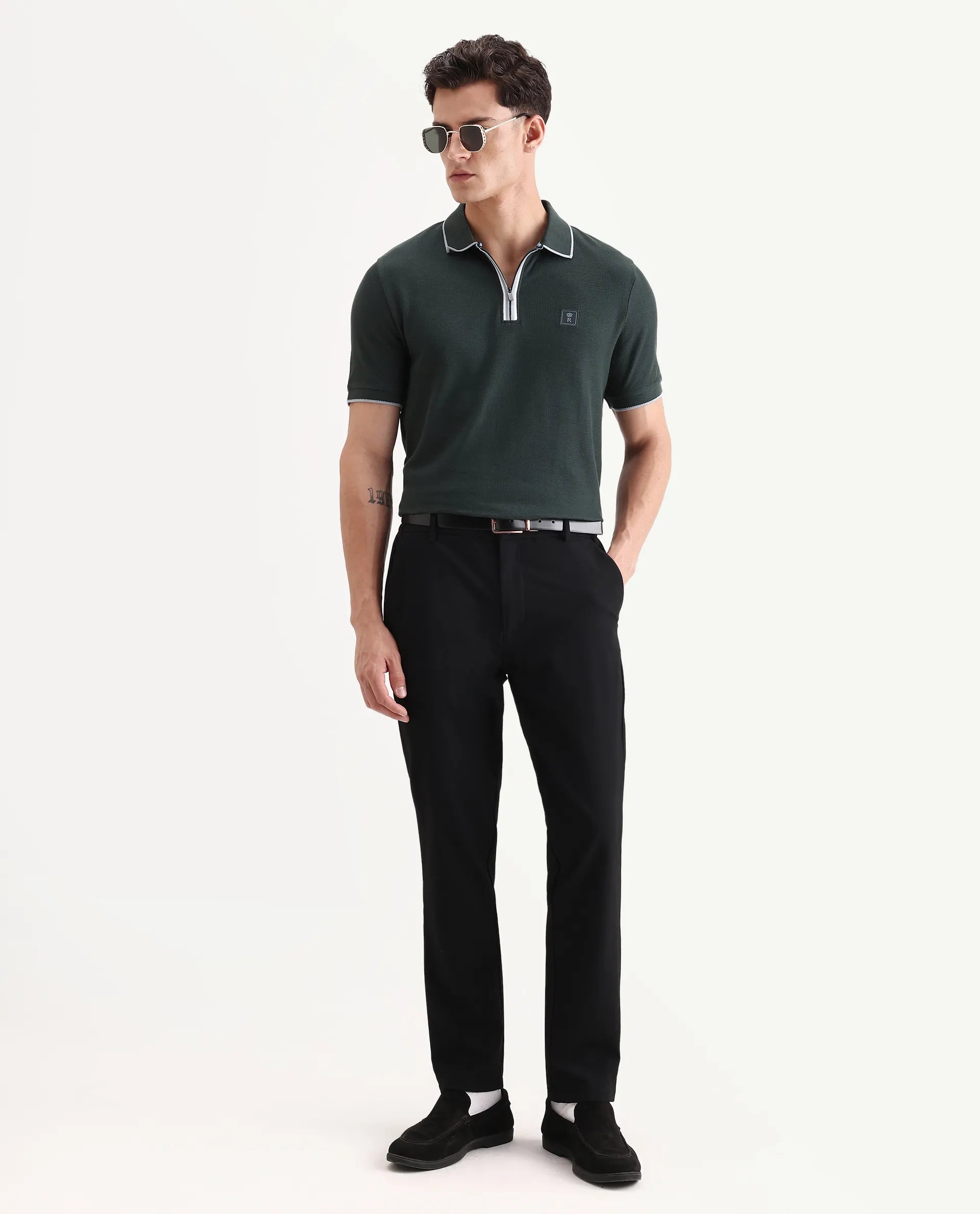 Rare Rabbit Men's Burrow Dark Green Cotton Plain Regular Fit Half Sleeve Polo