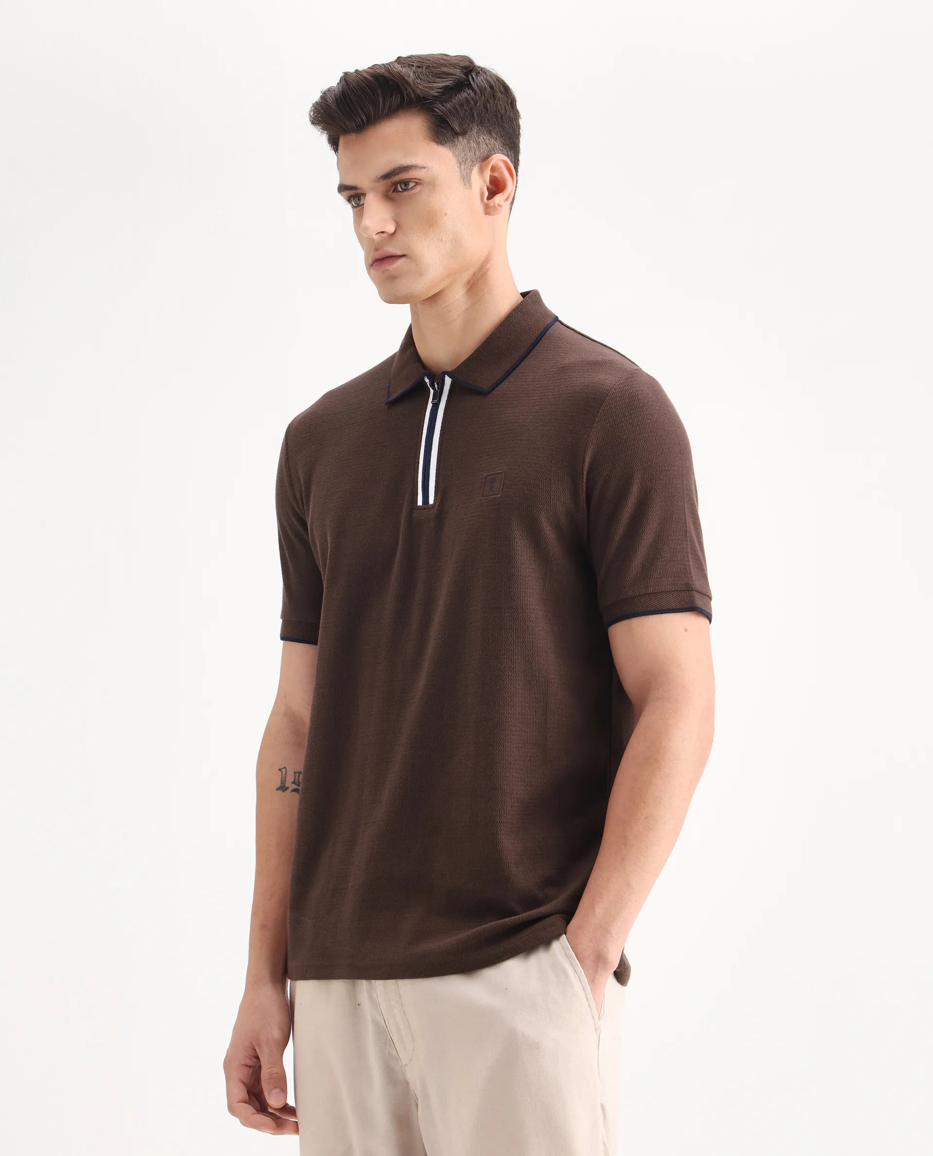 Rare Rabbit Men's Burrow Brown Cotton Plain Regular Fit Half Sleeve Polo