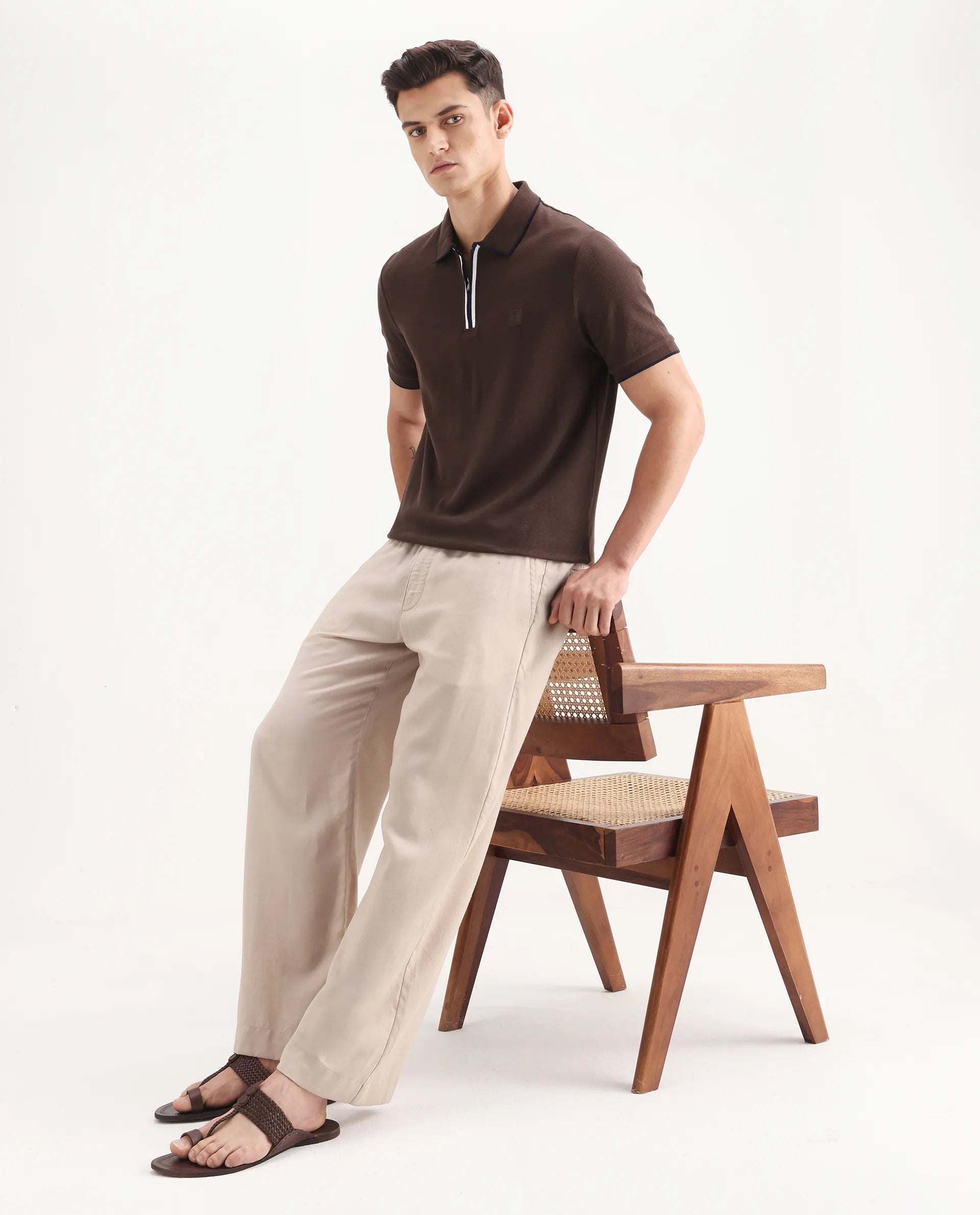 Rare Rabbit Men's Burrow Brown Cotton Plain Regular Fit Half Sleeve Polo