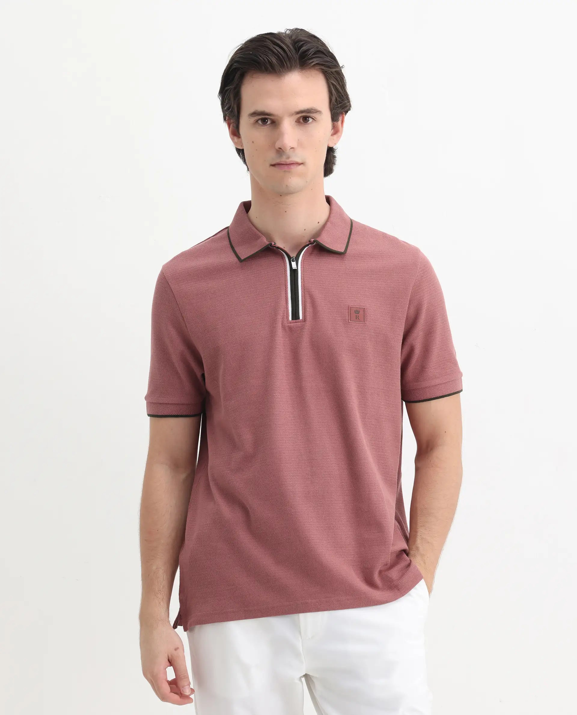 Rare Rabbit Men's Burrow Dusky Pink Cotton Plain Regular Fit Half Sleeve Polo