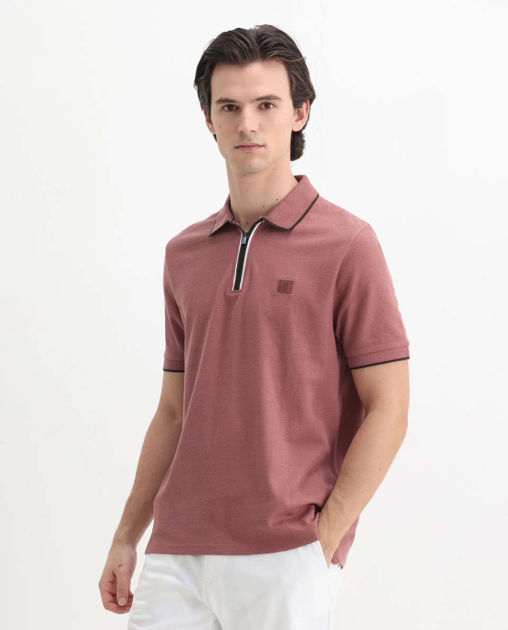 Rare Rabbit Men's Burrow Dusky Pink Cotton Plain Regular Fit Half Sleeve Polo