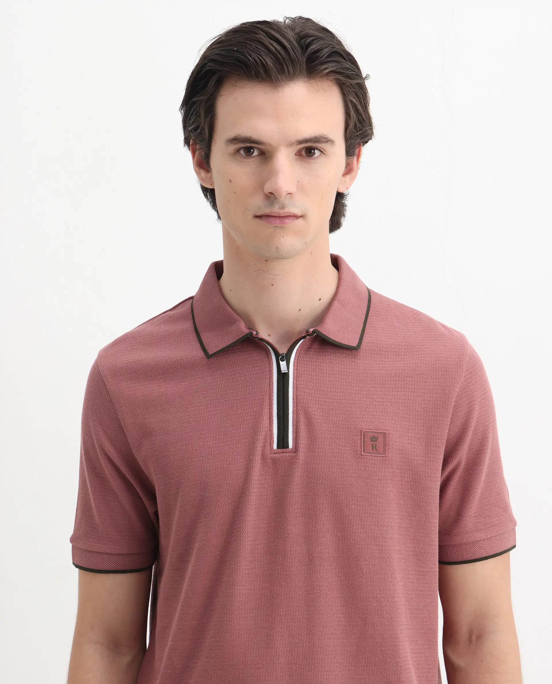 Rare Rabbit Men's Burrow Dusky Pink Cotton Plain Regular Fit Half Sleeve Polo