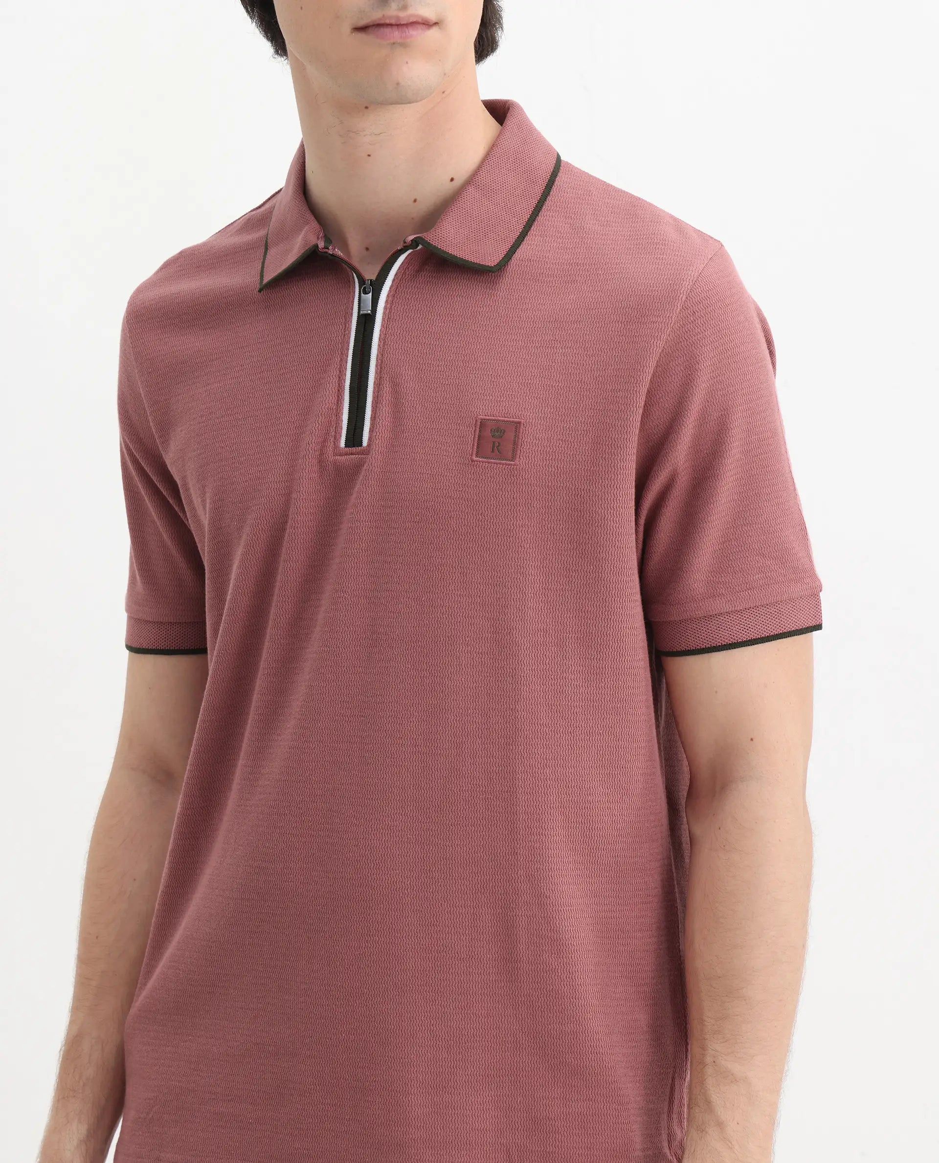 Rare Rabbit Men's Burrow Dusky Pink Cotton Plain Regular Fit Half Sleeve Polo