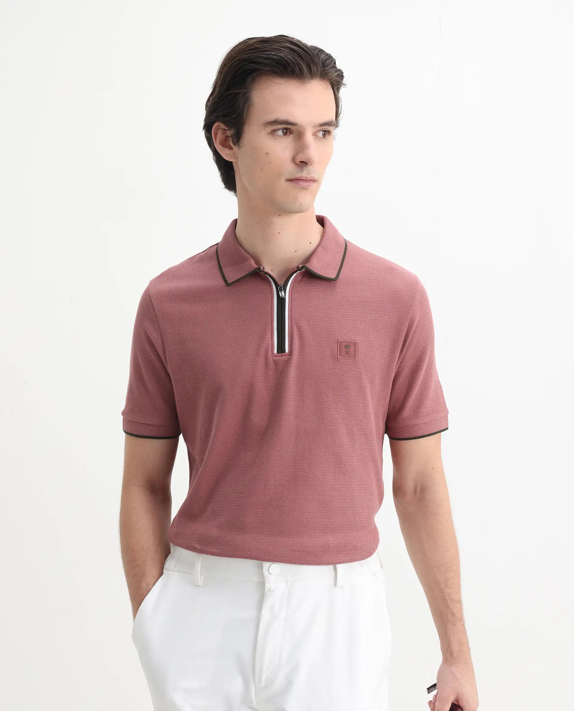 Rare Rabbit Men's Burrow Dusky Pink Cotton Plain Regular Fit Half Sleeve Polo