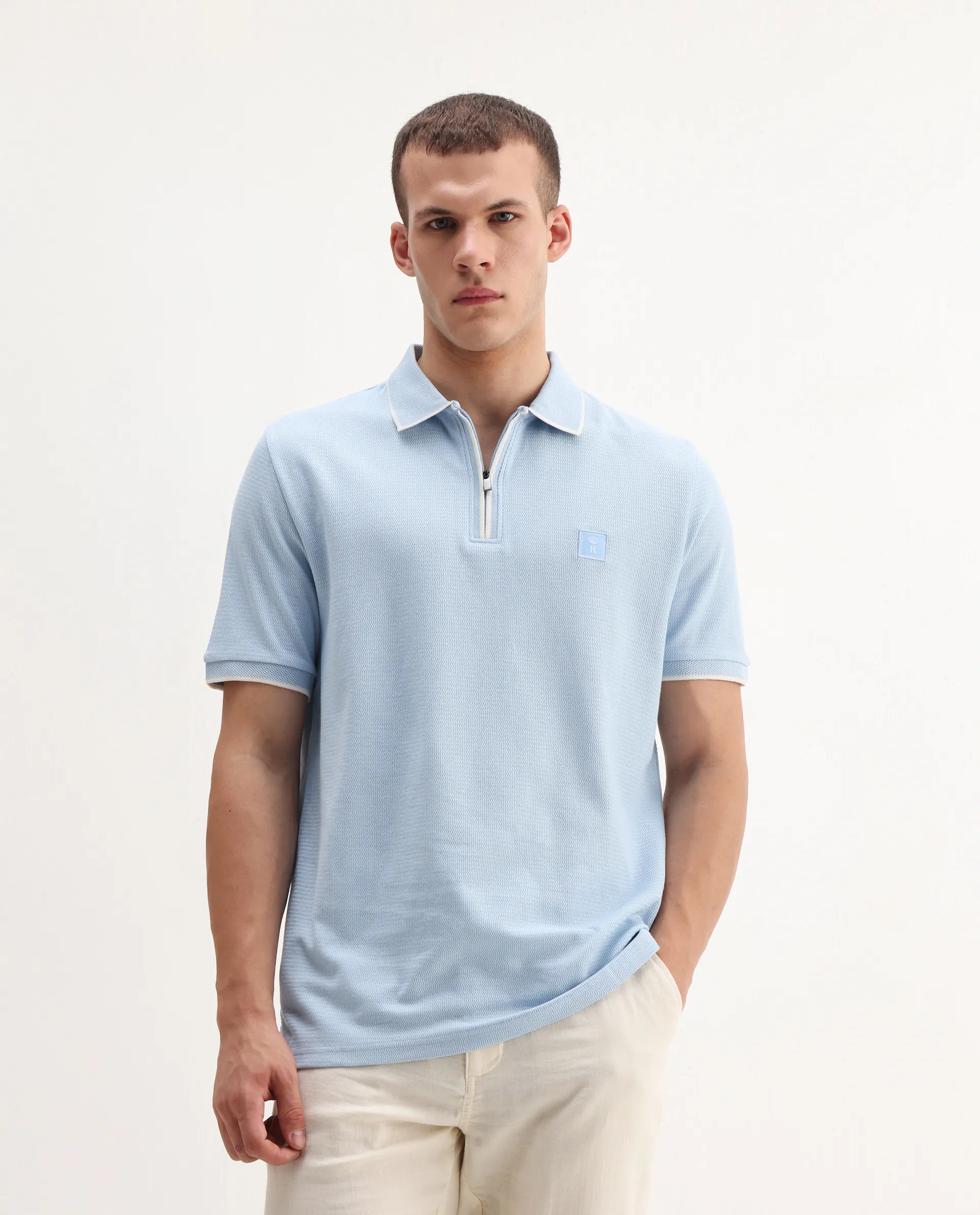 Rare Rabbit Men's Burrow Light Blue Cotton Plain Regular Fit Half Sleeve Polo