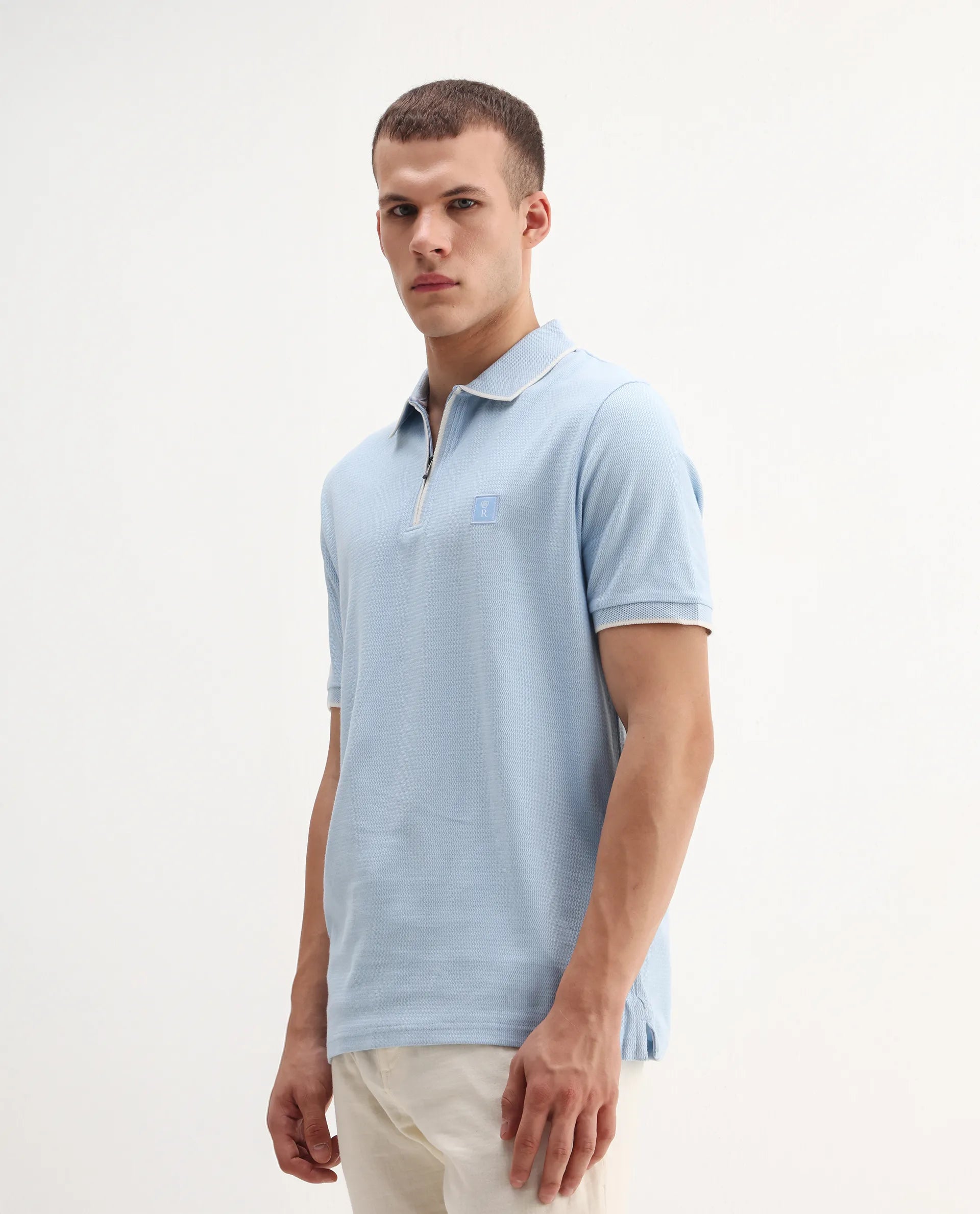 Rare Rabbit Men's Burrow Light Blue Cotton Plain Regular Fit Half Sleeve Polo