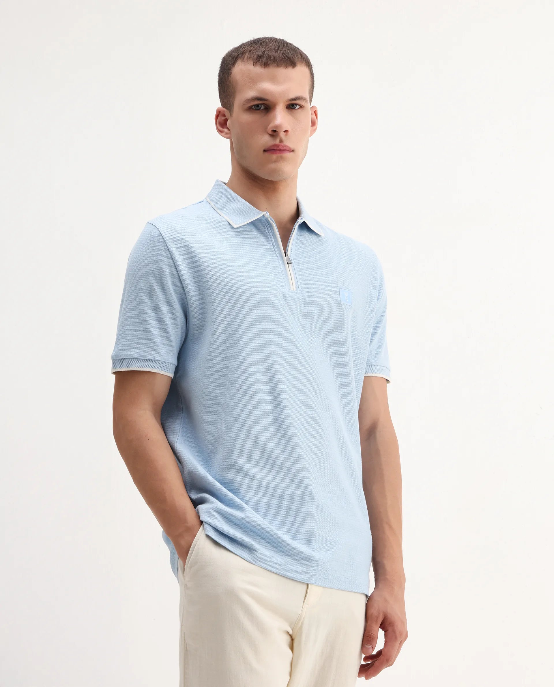 Rare Rabbit Men's Burrow Light Blue Cotton Plain Regular Fit Half Sleeve Polo