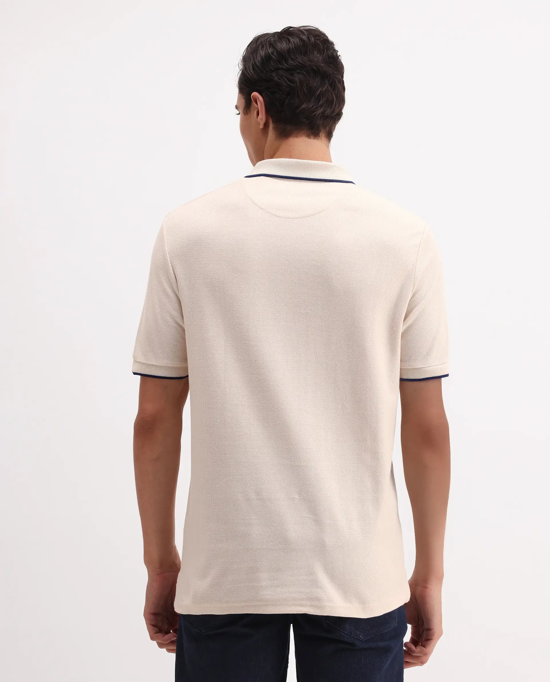 Rare Rabbit Men's Burrow Off White Cotton Plain Regular Fit Half Sleeve Polo