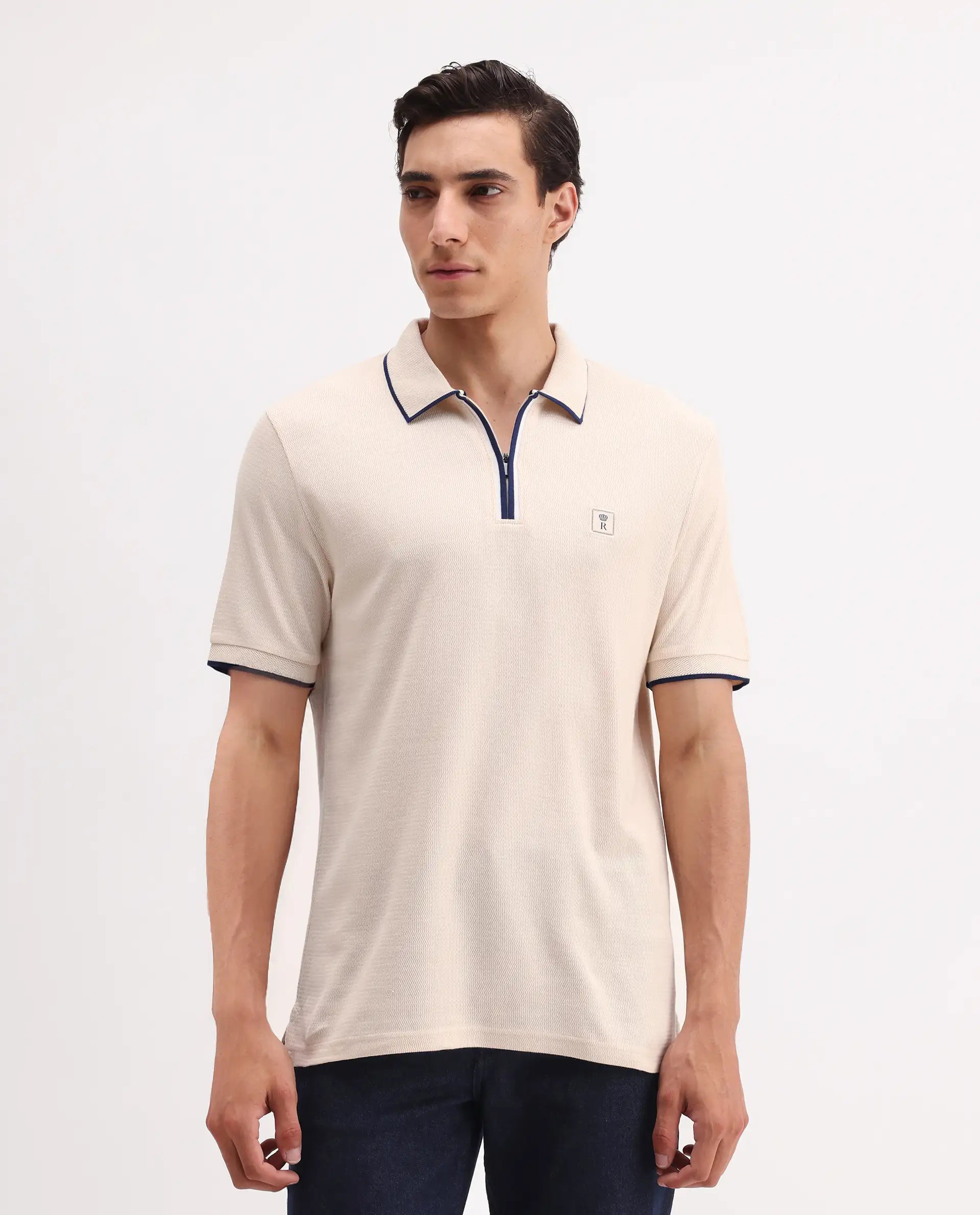 Rare Rabbit Men's Burrow Off White Cotton Plain Regular Fit Half Sleeve Polo