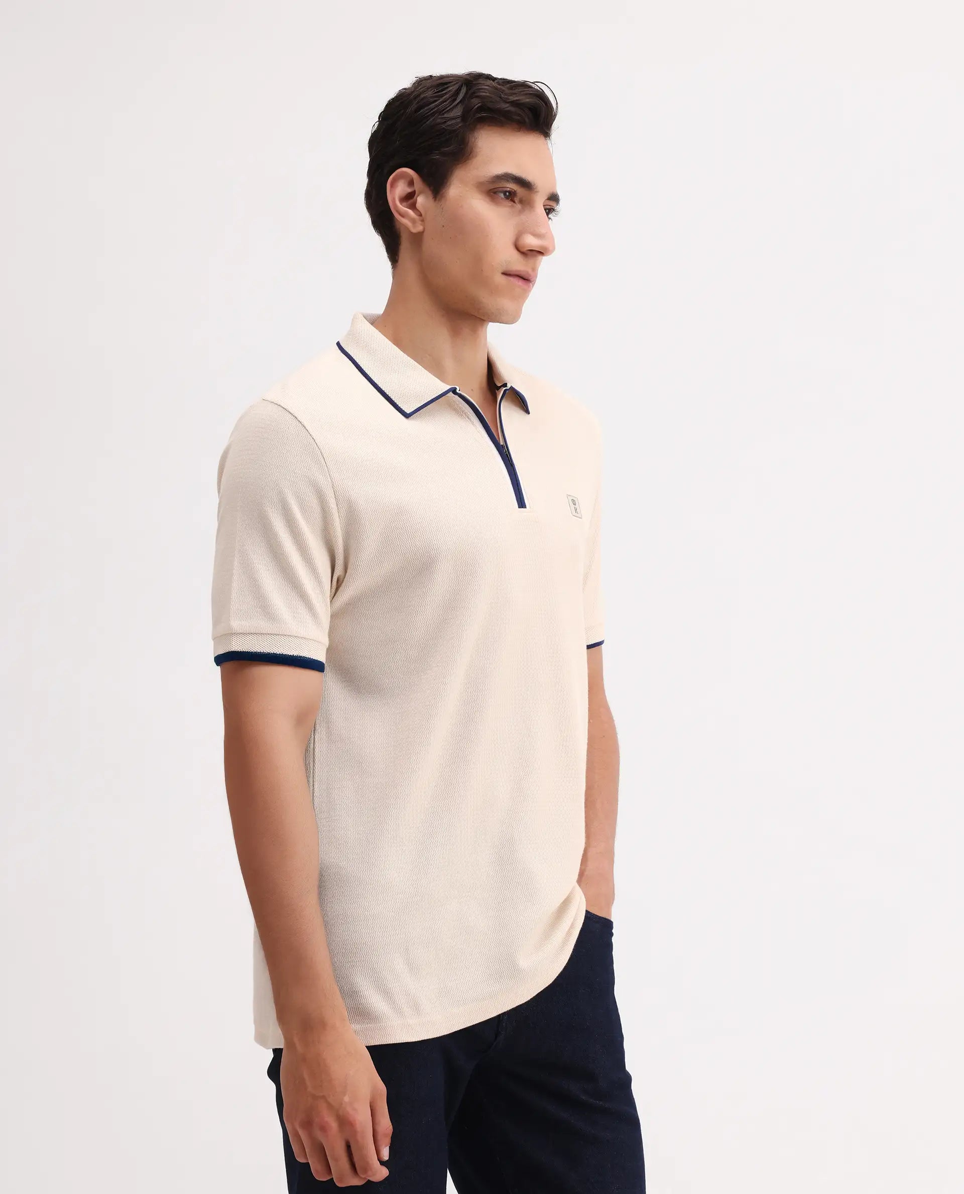 Rare Rabbit Men's Burrow Off White Cotton Plain Regular Fit Half Sleeve Polo