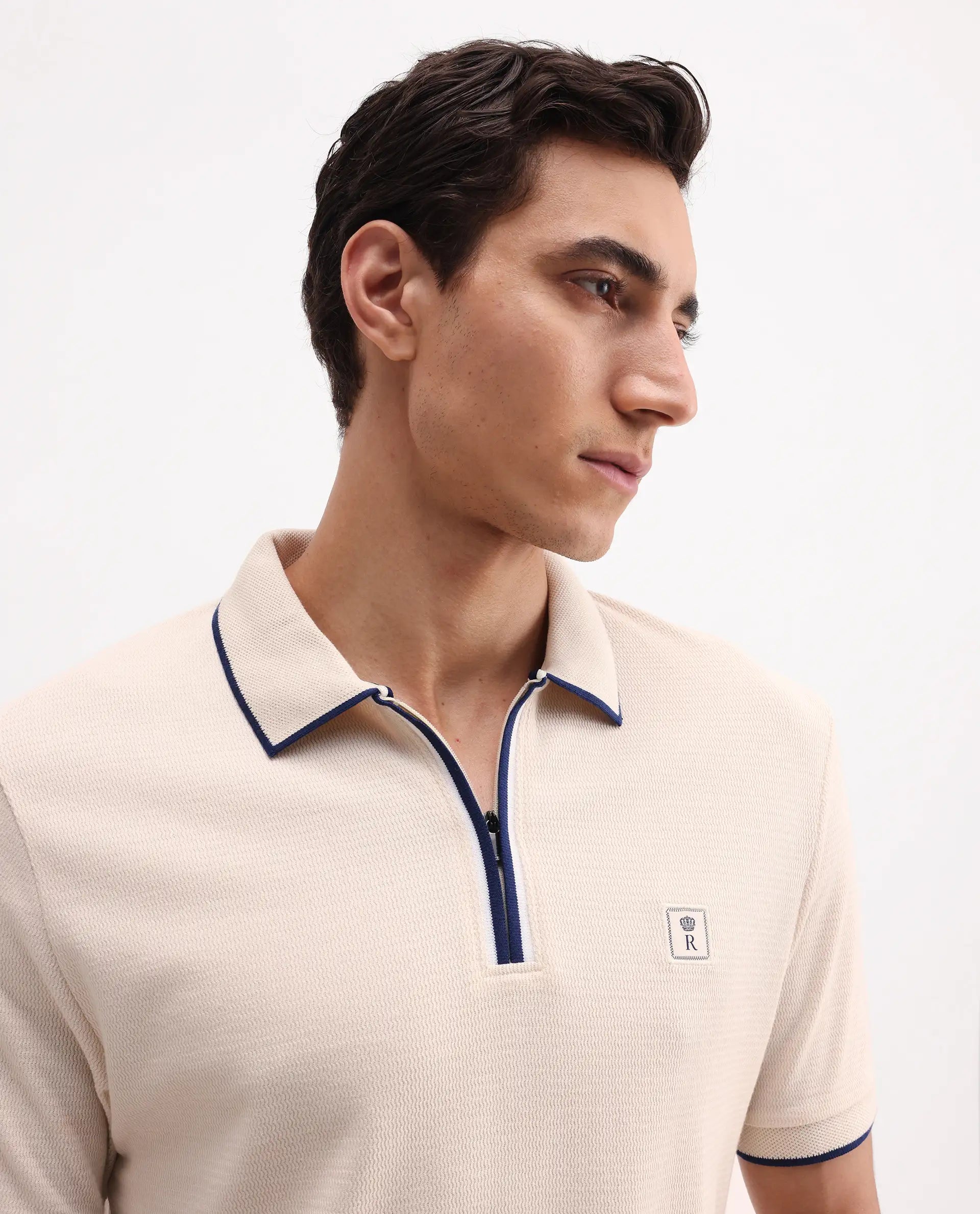 Rare Rabbit Men's Burrow Off White Cotton Plain Regular Fit Half Sleeve Polo