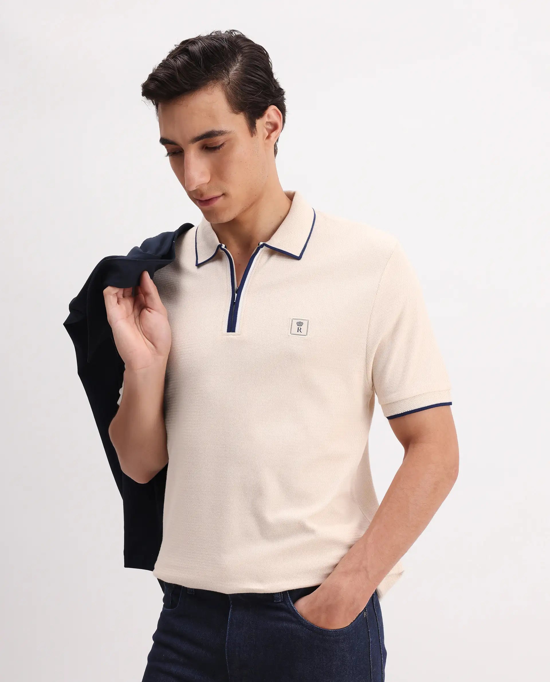 Rare Rabbit Men's Burrow Off White Cotton Plain Regular Fit Half Sleeve Polo