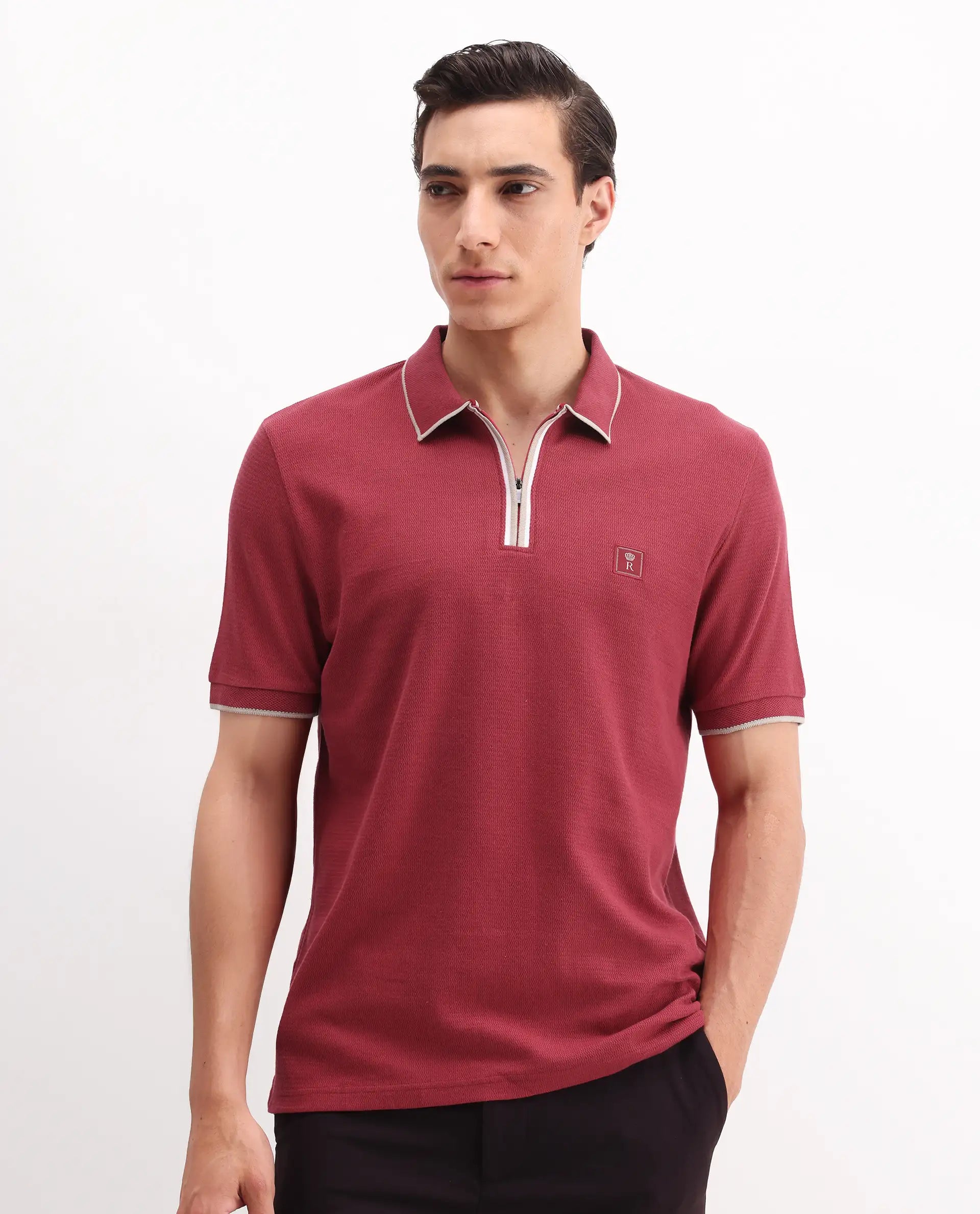 Rare Rabbit Men's Burrow Red Cotton Plain Regular Fit Half Sleeve Polo
