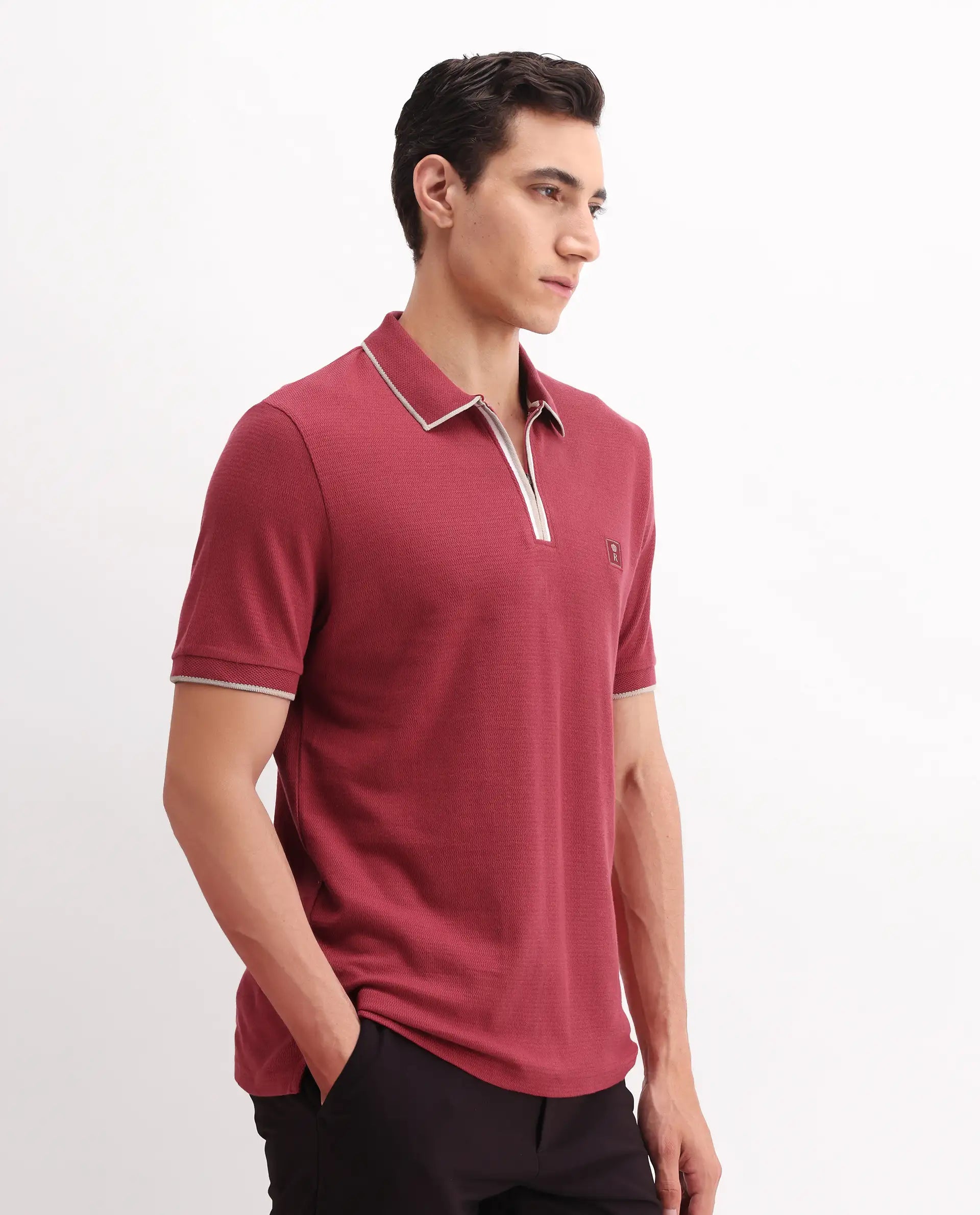 Rare Rabbit Men's Burrow Red Cotton Plain Regular Fit Half Sleeve Polo