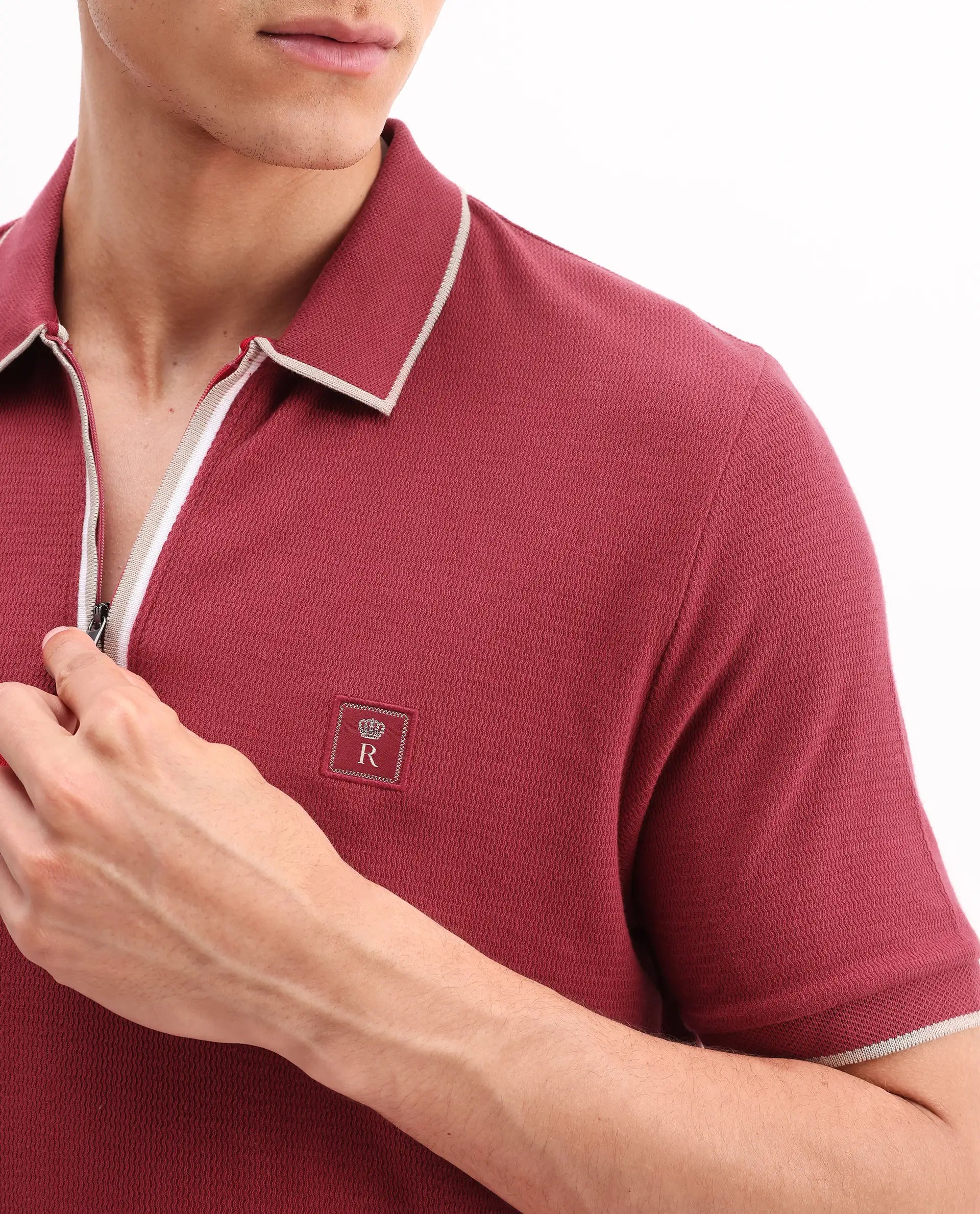 Rare Rabbit Men's Burrow Red Cotton Plain Regular Fit Half Sleeve Polo